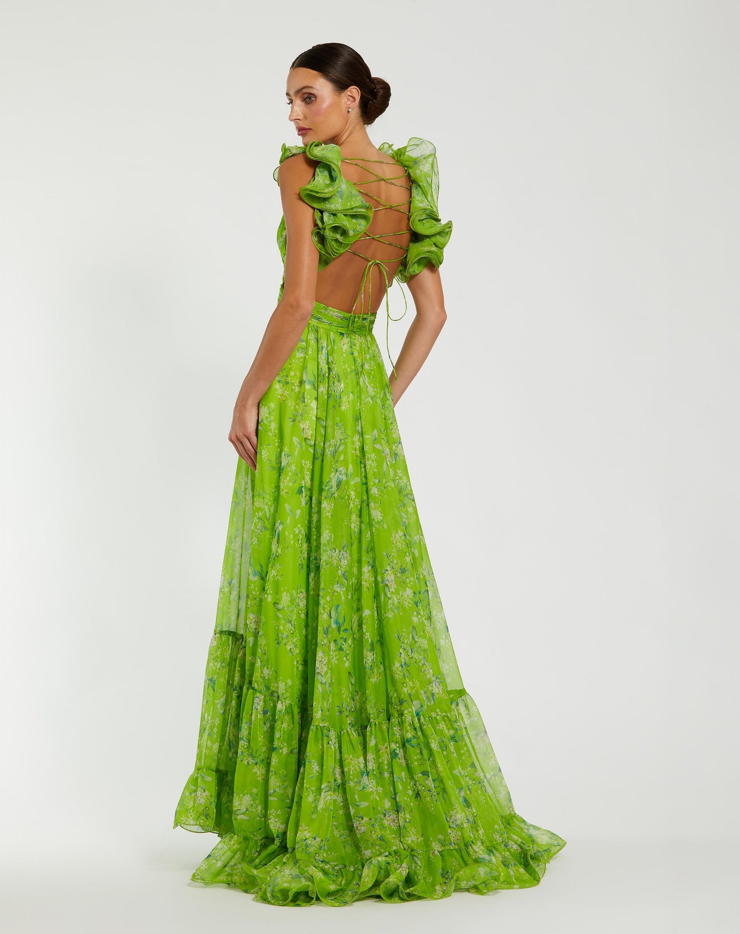 Green Ruffle Tiered Floral Cut-Out Chiffon Gown Mac Duggal