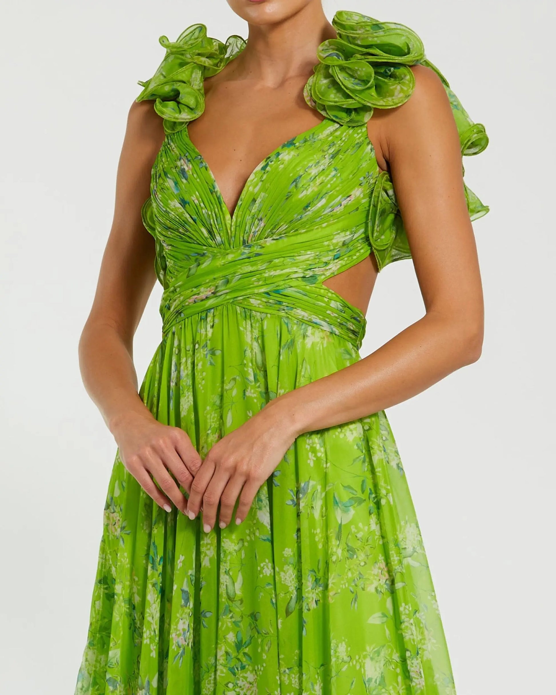 Green Ruffle Tiered Floral Cut-Out Chiffon Gown | Mac Duggal Green Ruffle Tiered Floral Cut-Out Chiffon Gown | Mac Duggal