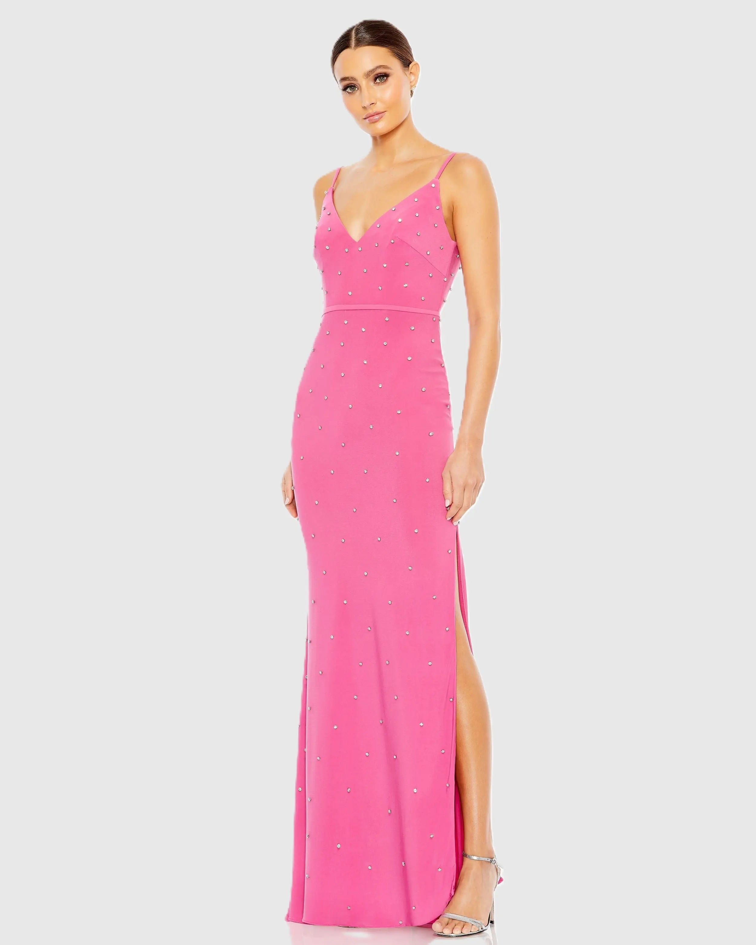 Pink Rhinestone Embellished V-Neck Gown Ieena for Mac Duggal