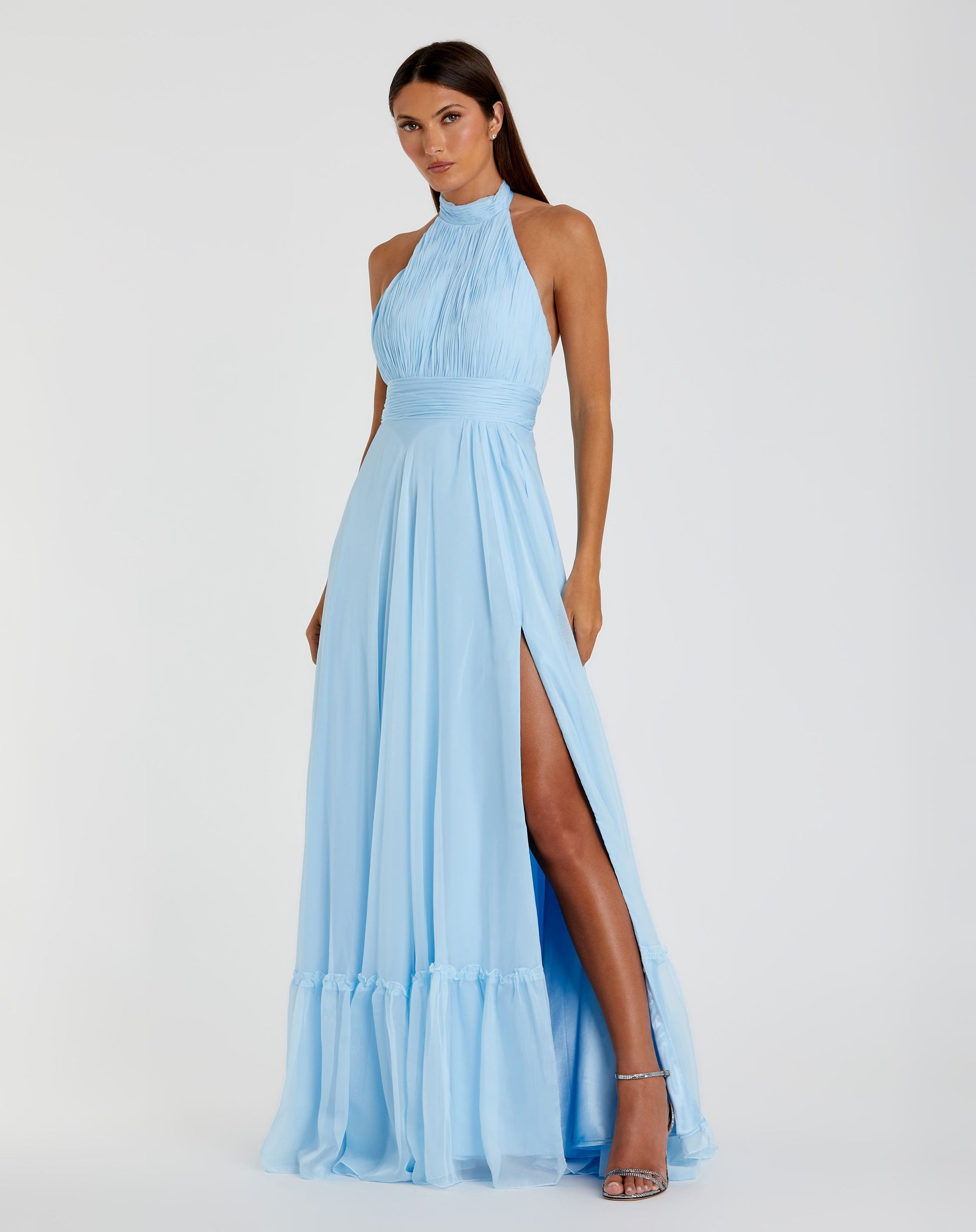 High Neck Tiered Chiffon Halter Gown