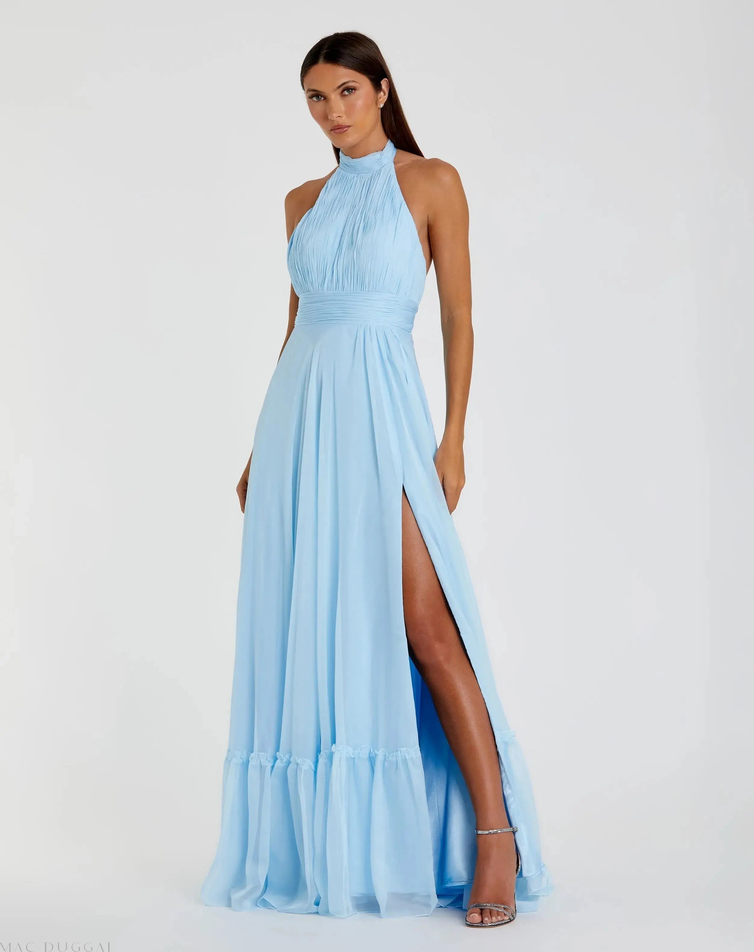 Blue High Neck Tiered Chiffon Halter Gown - Mac Duggal