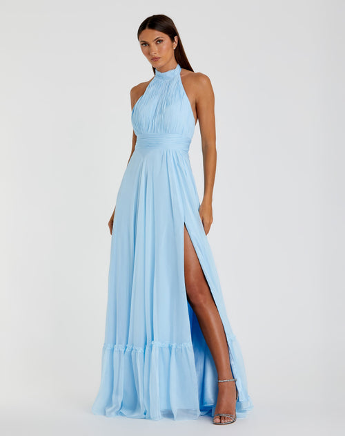 High Neck Tiered Chiffon Halter Gown