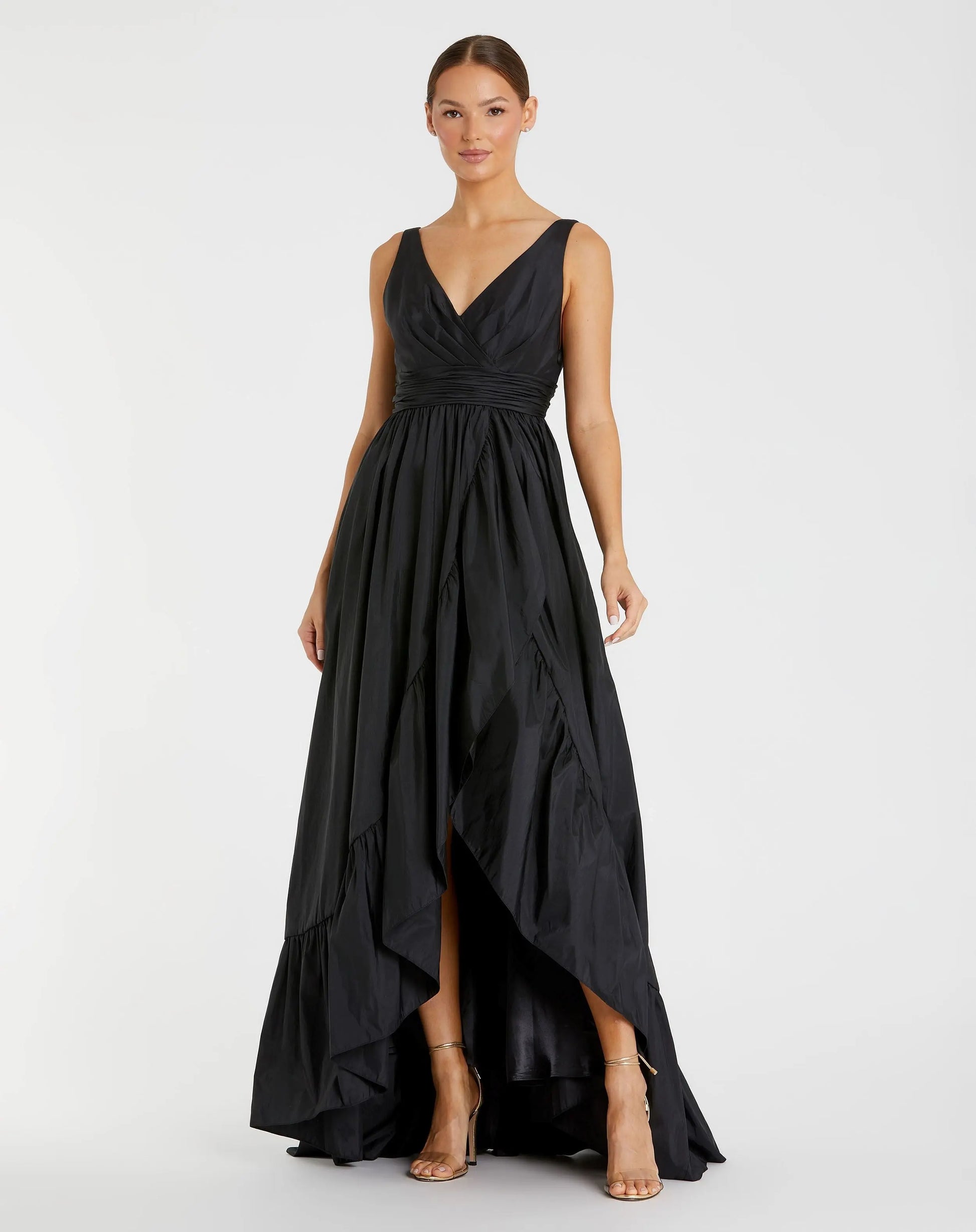 Mac Duggal - Black Taffeta High Low Ruffle Gown - US 12 Mac Duggal - Black Taffeta High Low Ruffle Gown - US 12