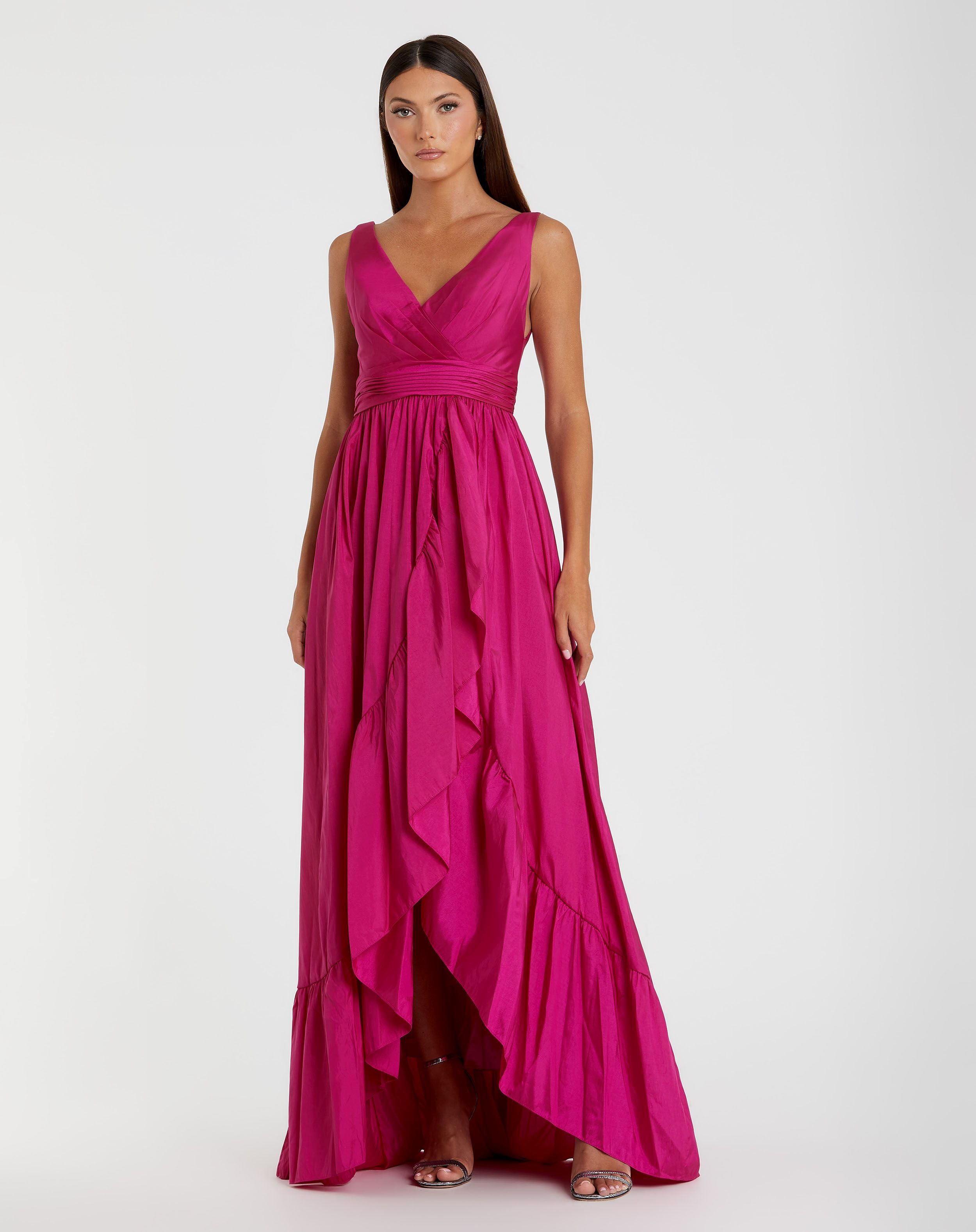 Taffeta Hi-Low Ruffle Gown