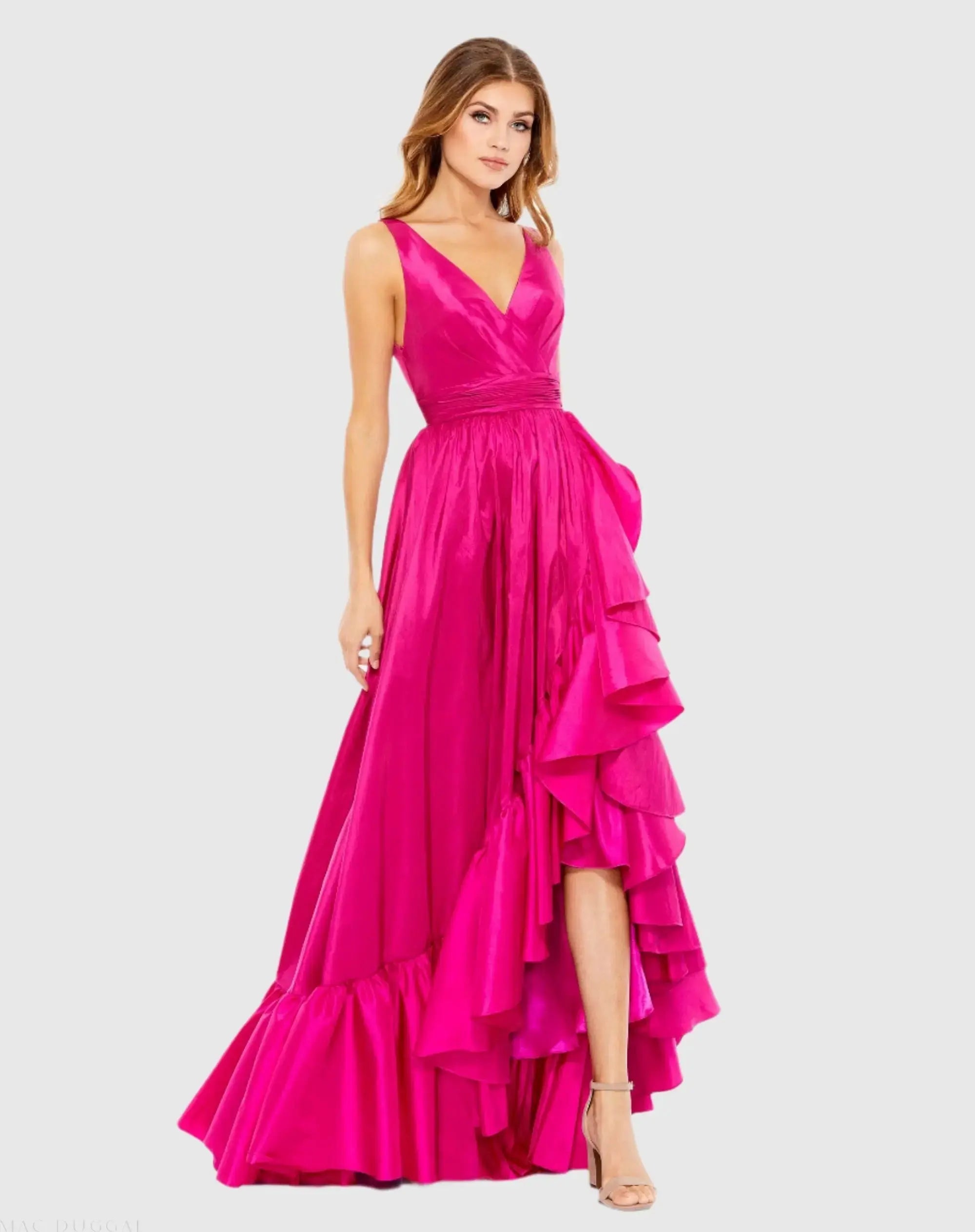 Pink Taffeta High Low Ruffle Gown - Mac Duggal