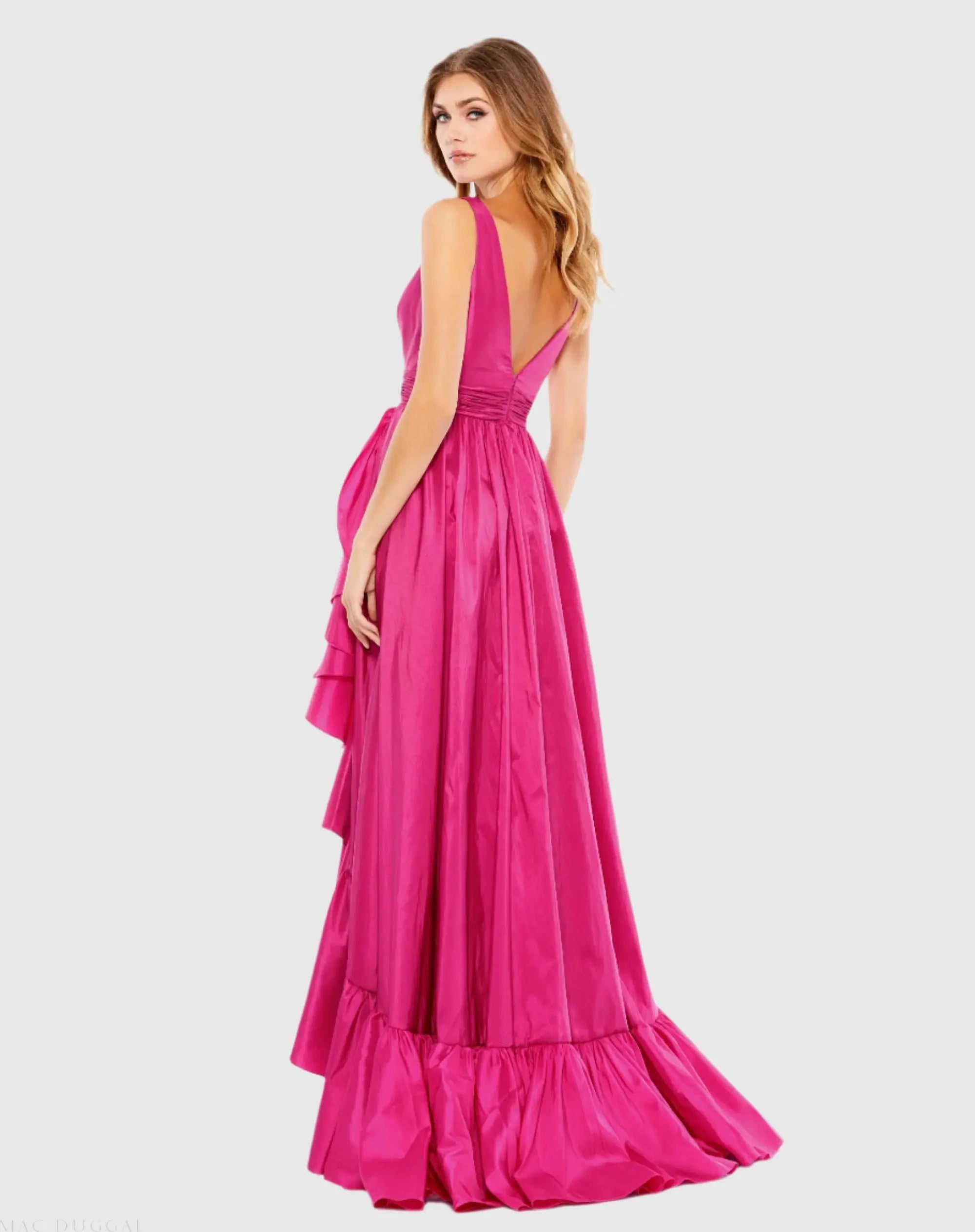 Pink Taffeta High Low Ruffle Gown Mac Duggal