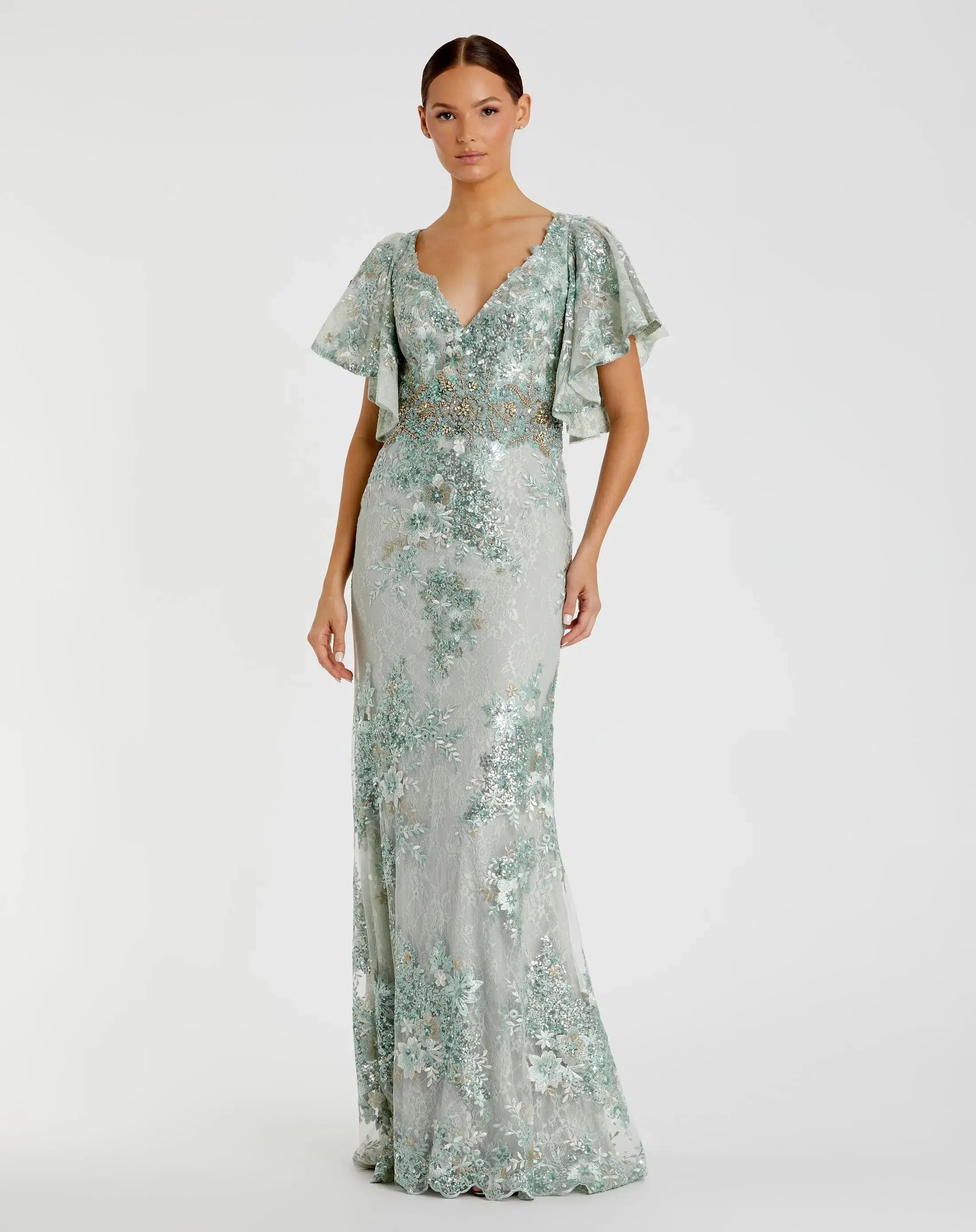 Green Bell Sleeve Floral Embellished Gown - Mac Duggal