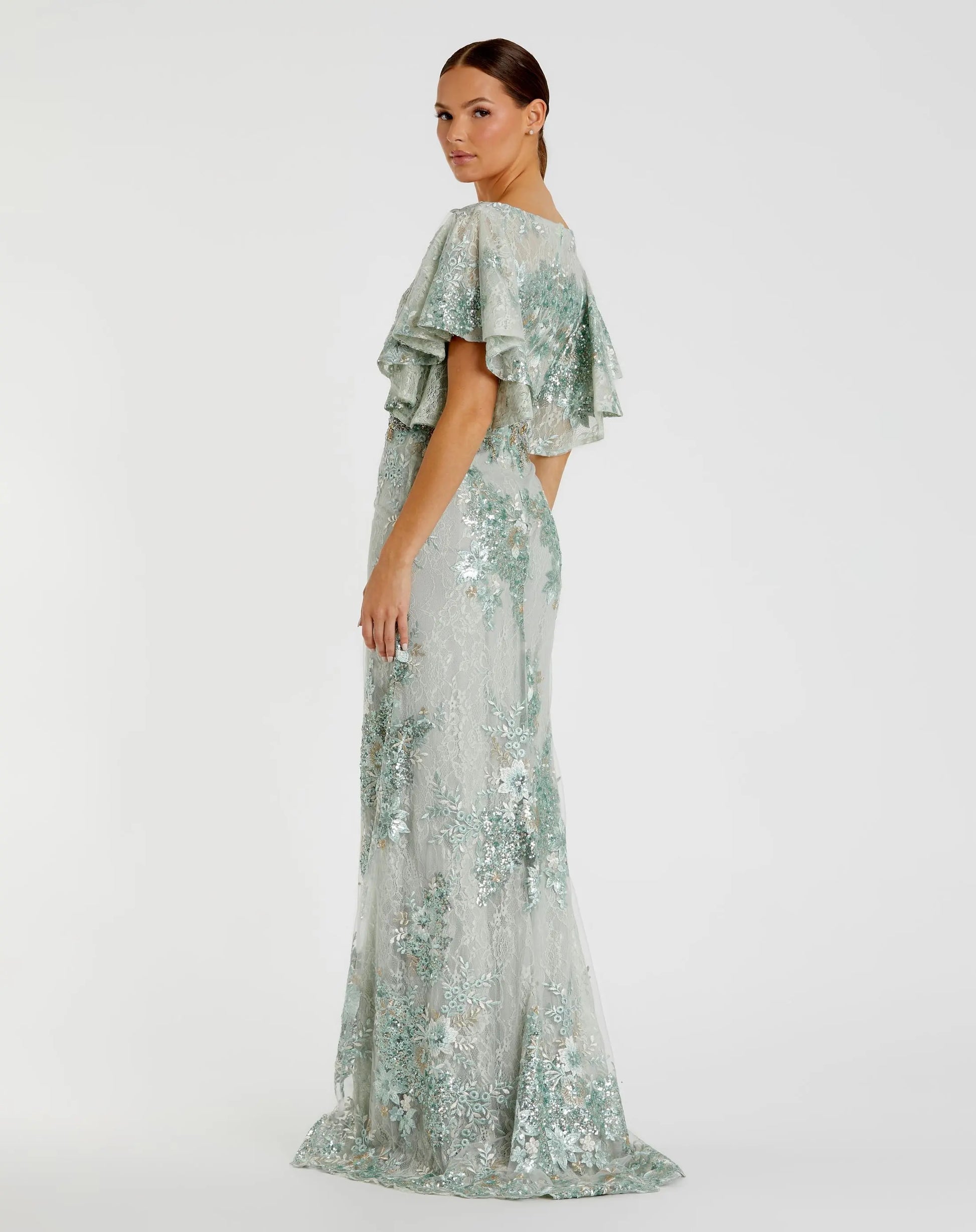 Green Bell Sleeve Floral Embellished Gown - Mac Duggal Green Bell Sleeve Floral Embellished Gown - Mac Duggal