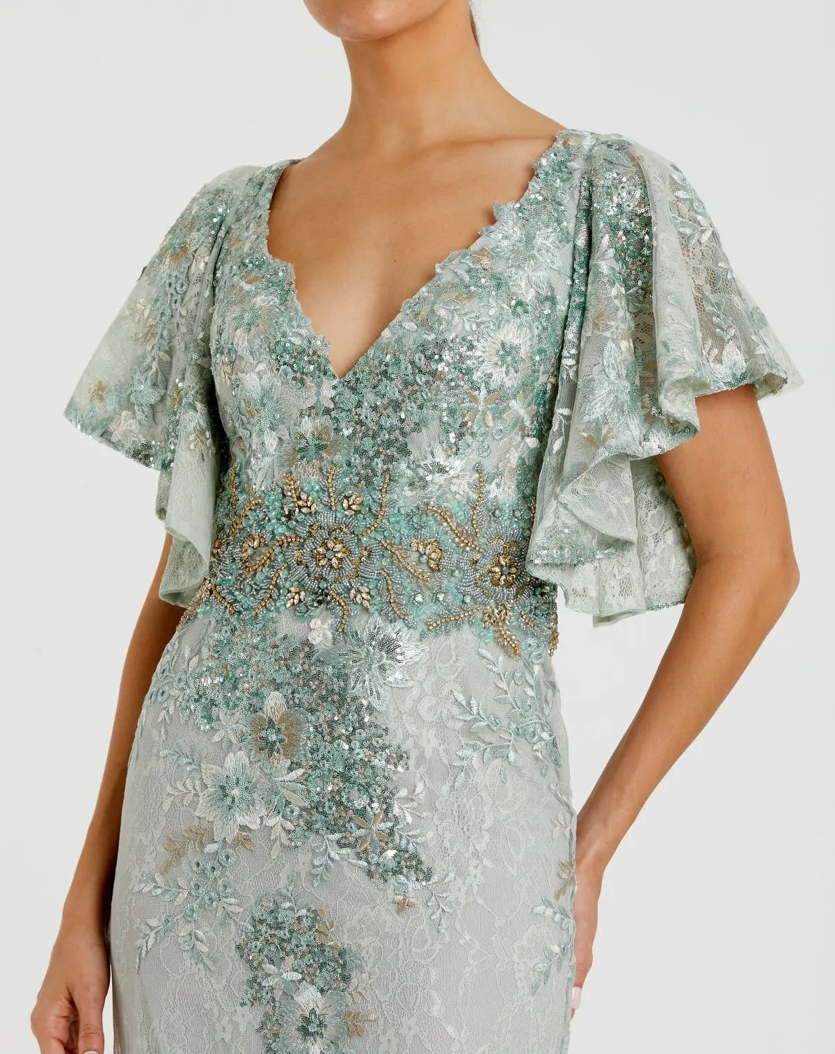 Green Bell Sleeve Floral Embellished Gown - Mac Duggal Green Bell Sleeve Floral Embellished Gown - Mac Duggal