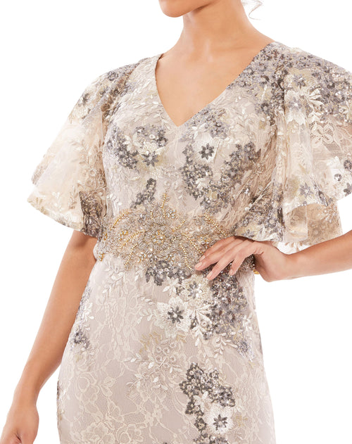 Bell Sleeve Floral Embellished Gown