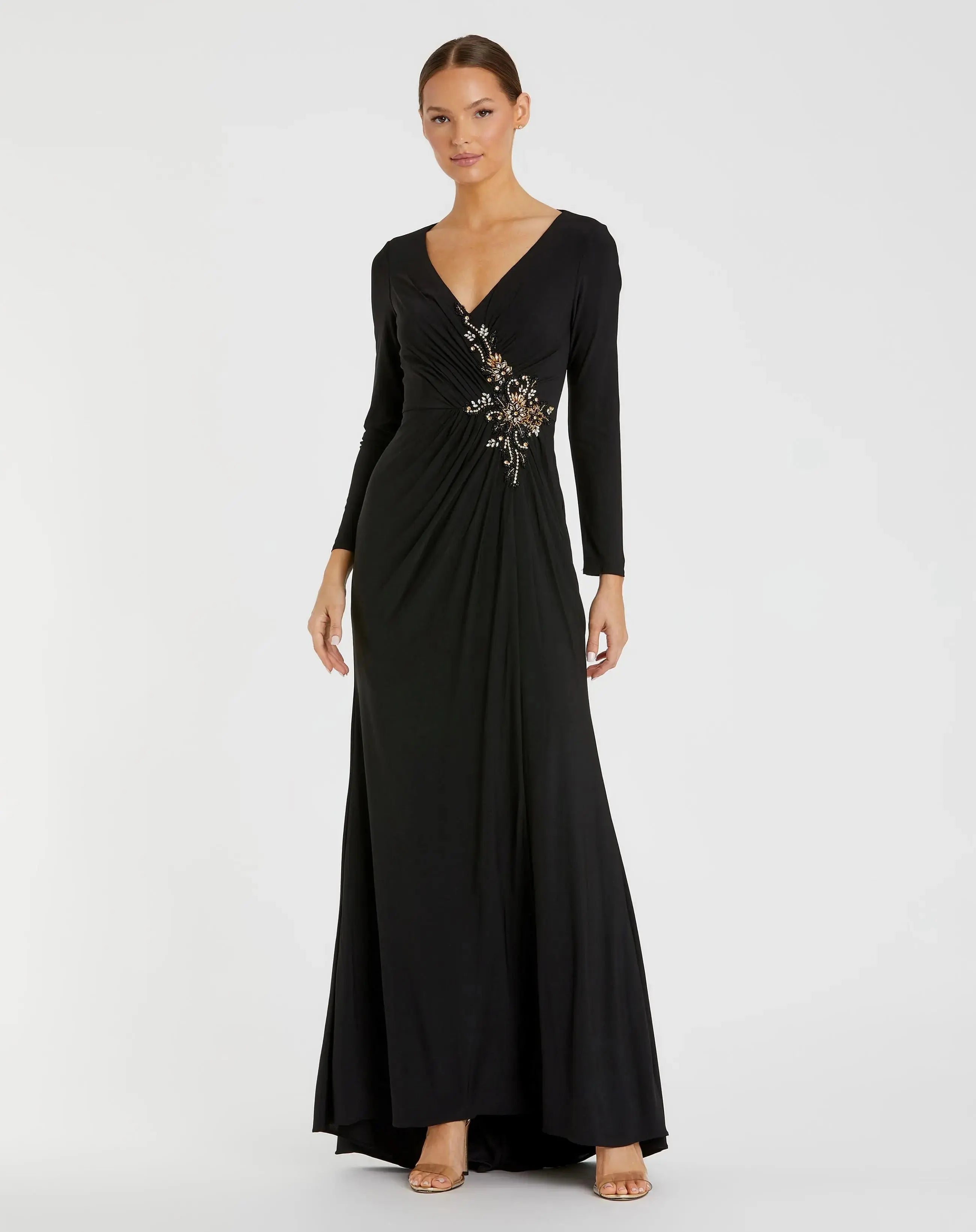 Black Faux Wrap Long Sleeve Evening Gown with Appliqué Detail - Mac Duggal