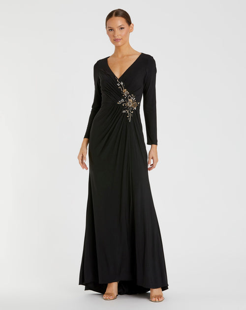 Faux Wrap Long Sleeve Gown w/ Appliqué Detail