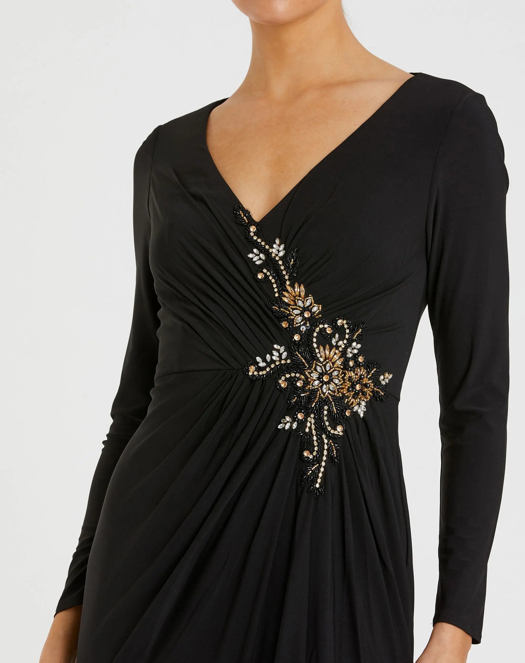 Black Faux Wrap Long Sleeve Evening Gown with Appliqué Detail - Mac Duggal