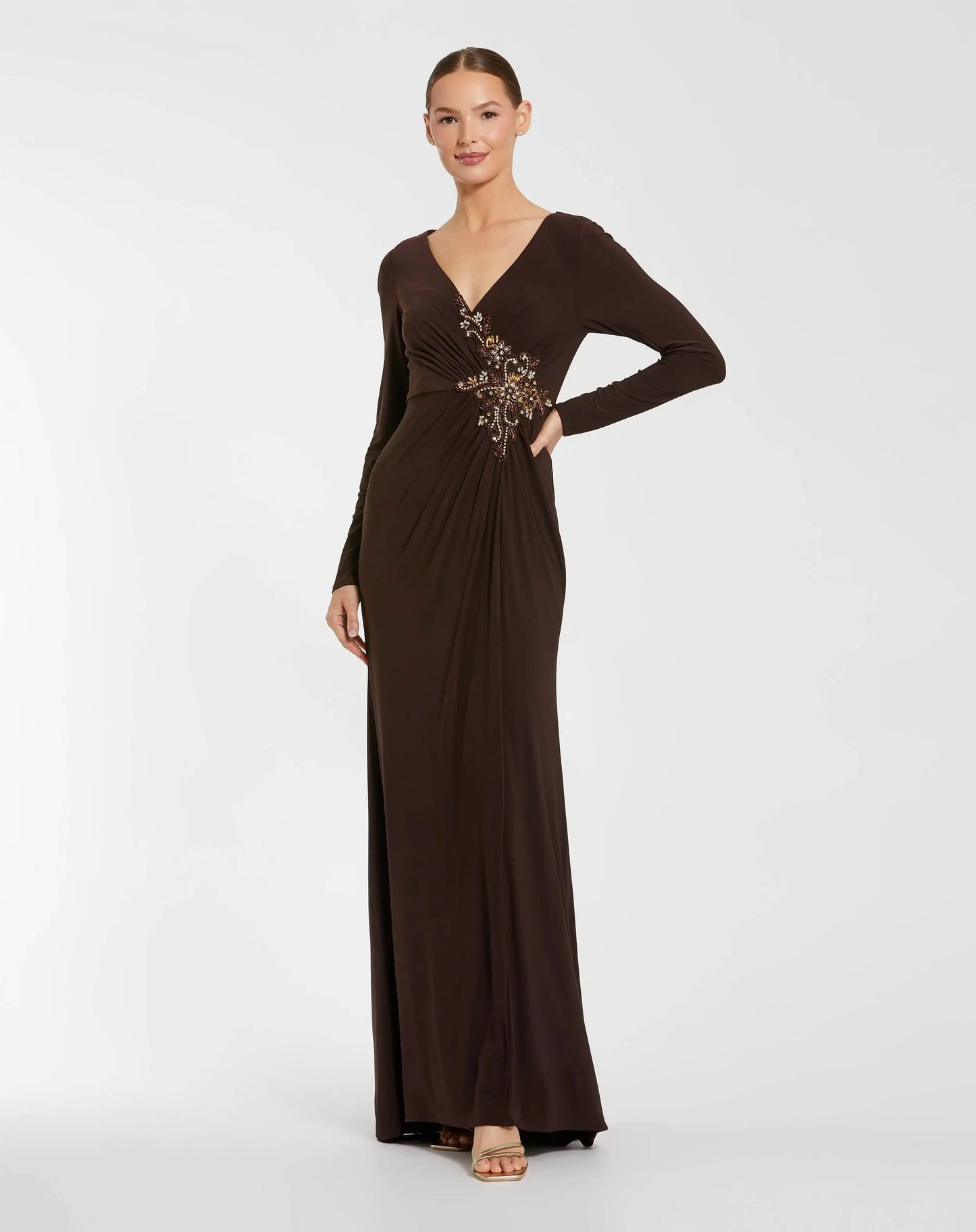 Brown Faux Wrap Long Sleeve Evening Gown with Appliqué Detail - Mac Duggal