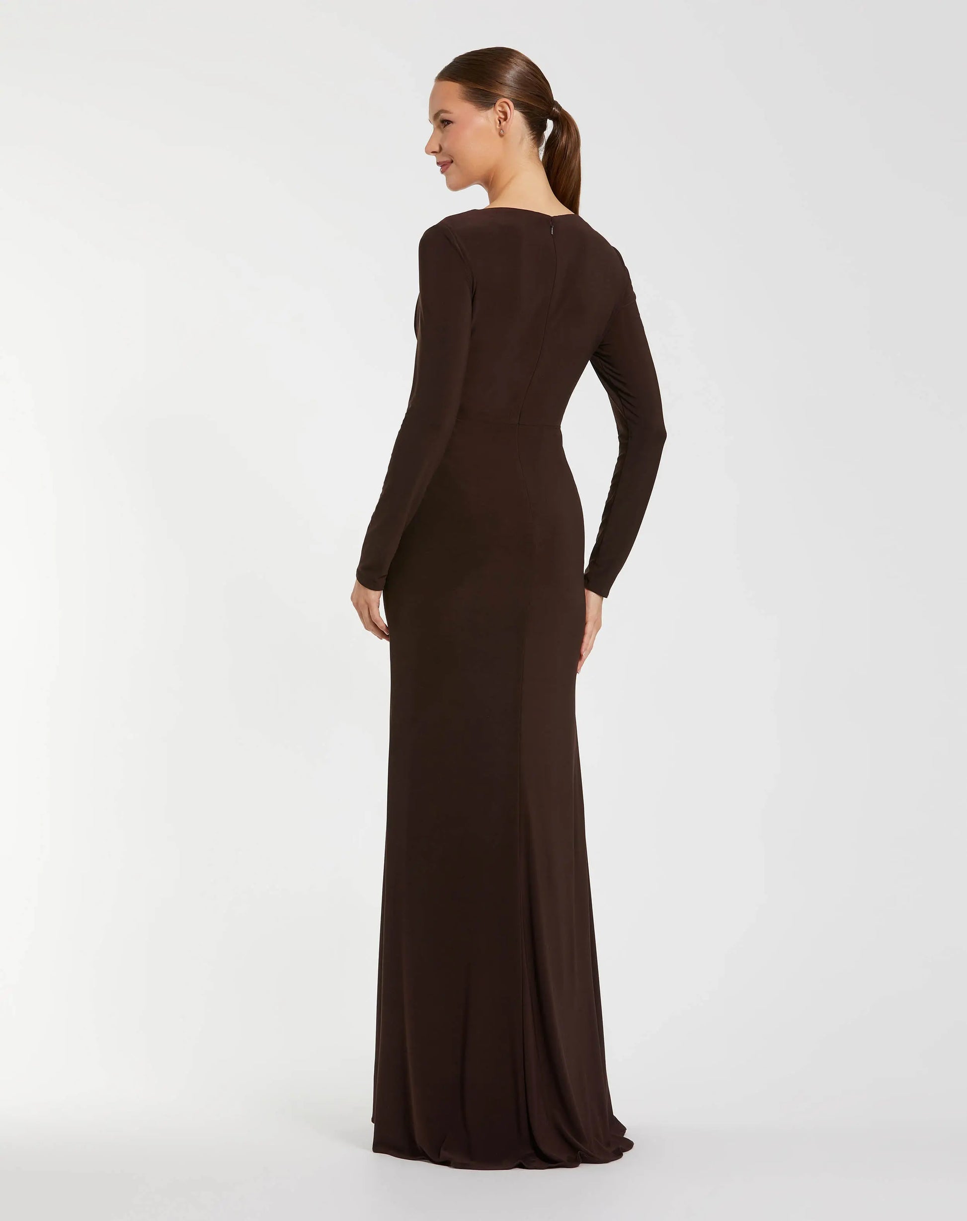 brown evening dress with sleeves Leely Women Brown Velvet Mermaid Maxi Holiday Party Dress with Lace V Neck Ruched Evening Dress with Sleeves