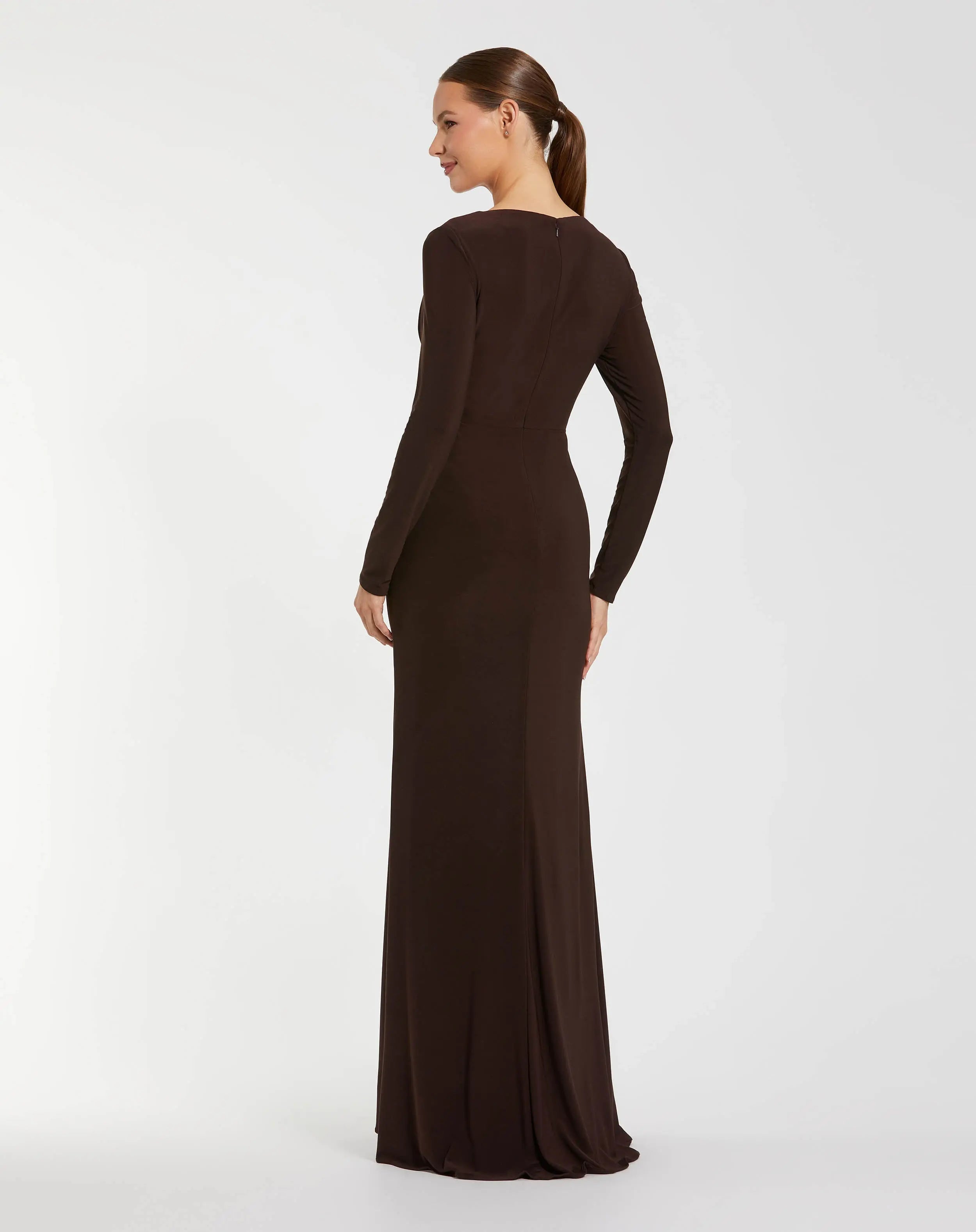 Brown Faux Wrap Long Sleeve Evening Gown with Appliqué Detail - Mac Duggal