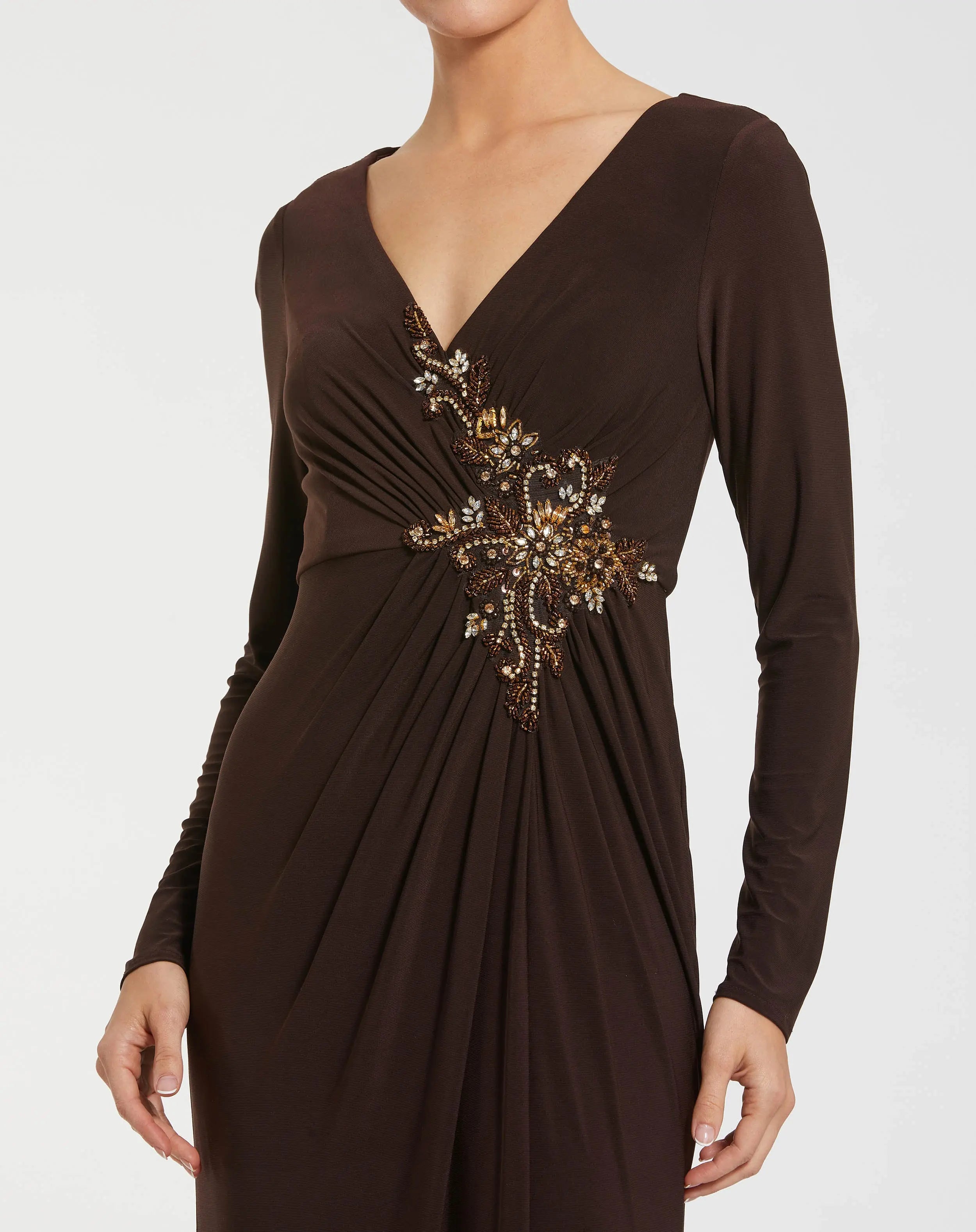 Brown Faux Wrap Long Sleeve Evening Gown with Appliqué Detail - Mac Duggal