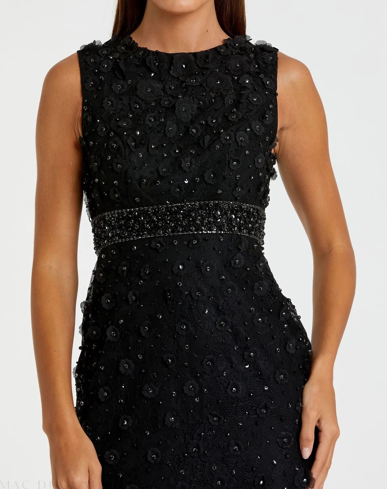 Black Floral Applique Sleeveless Midi Dress | Mac Duggal Black Floral Applique Sleeveless Midi Dress | Mac Duggal
