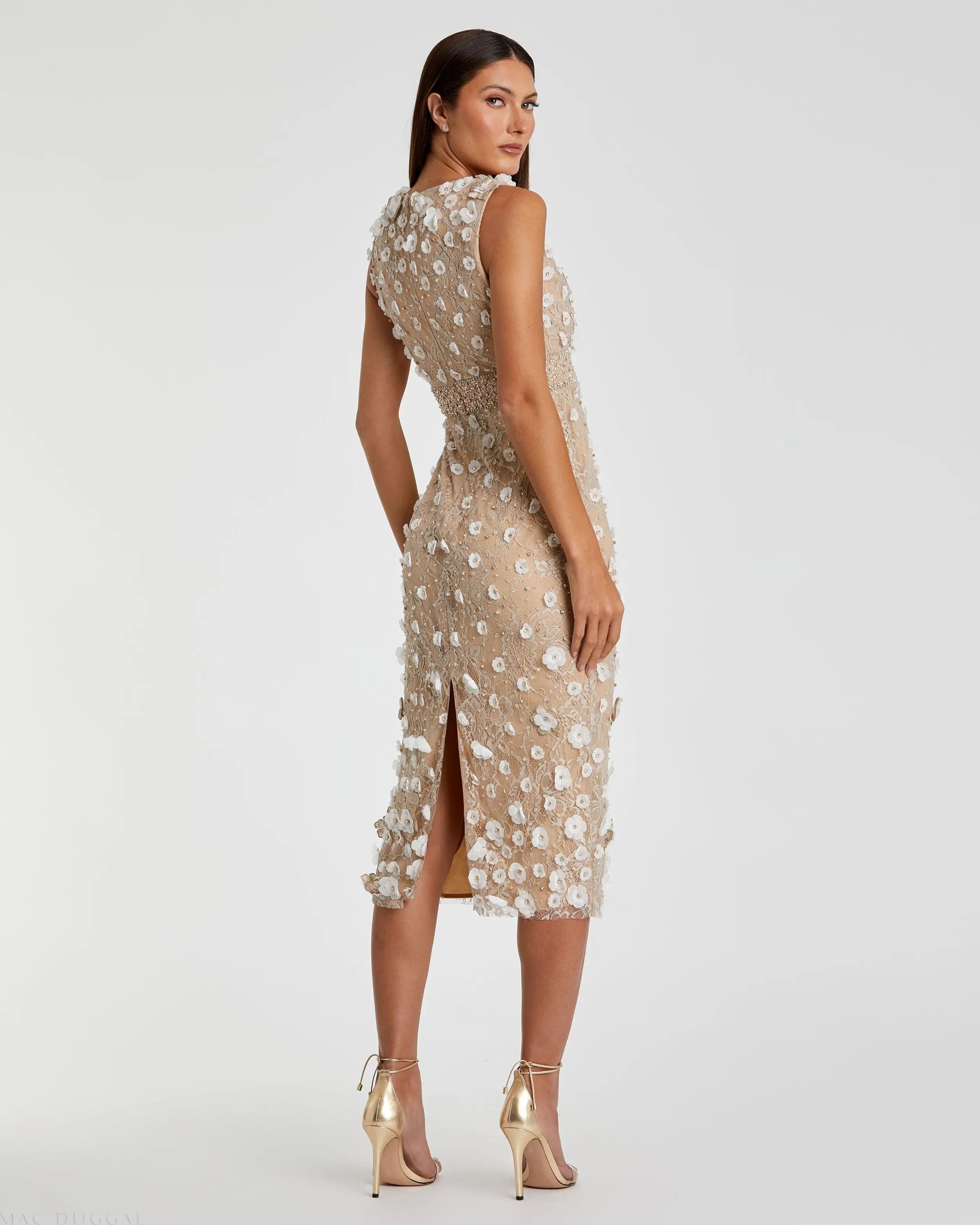 Nude Floral Applique Sleeveless Midi Dress Mac Duggal