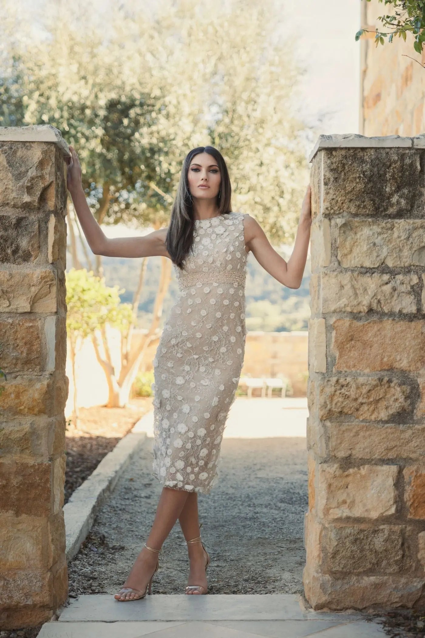 Nude Floral Applique Sleeveless Midi Dress - Mac Duggal