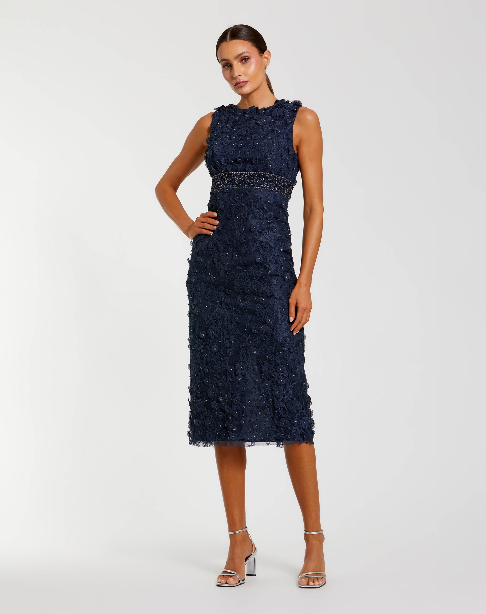 Navy Floral Applique Sleeveless Midi Dress