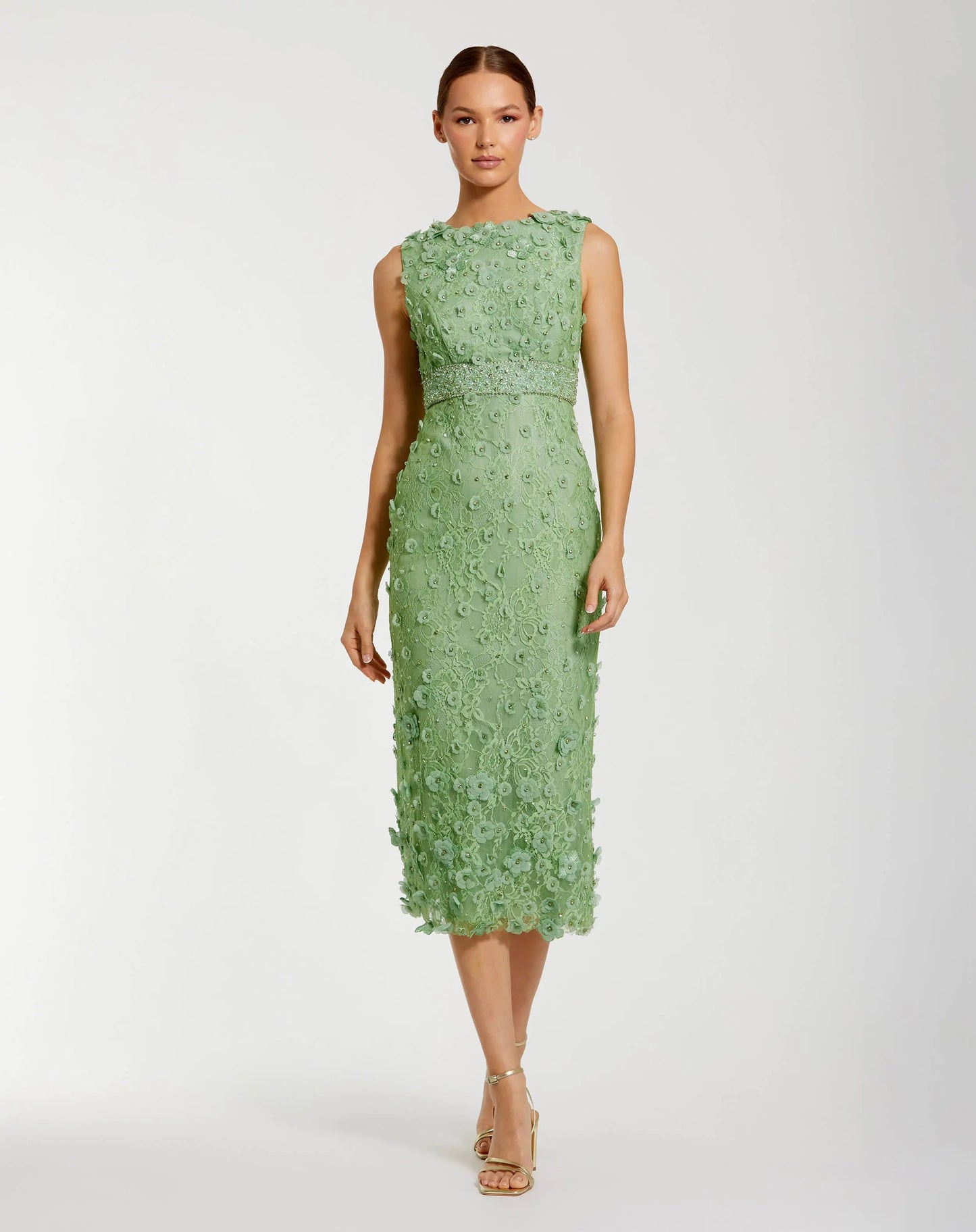 Green Floral Applique Sleeveless Midi Dress | Mac Duggal Green Floral Applique Sleeveless Midi Dress | Mac Duggal