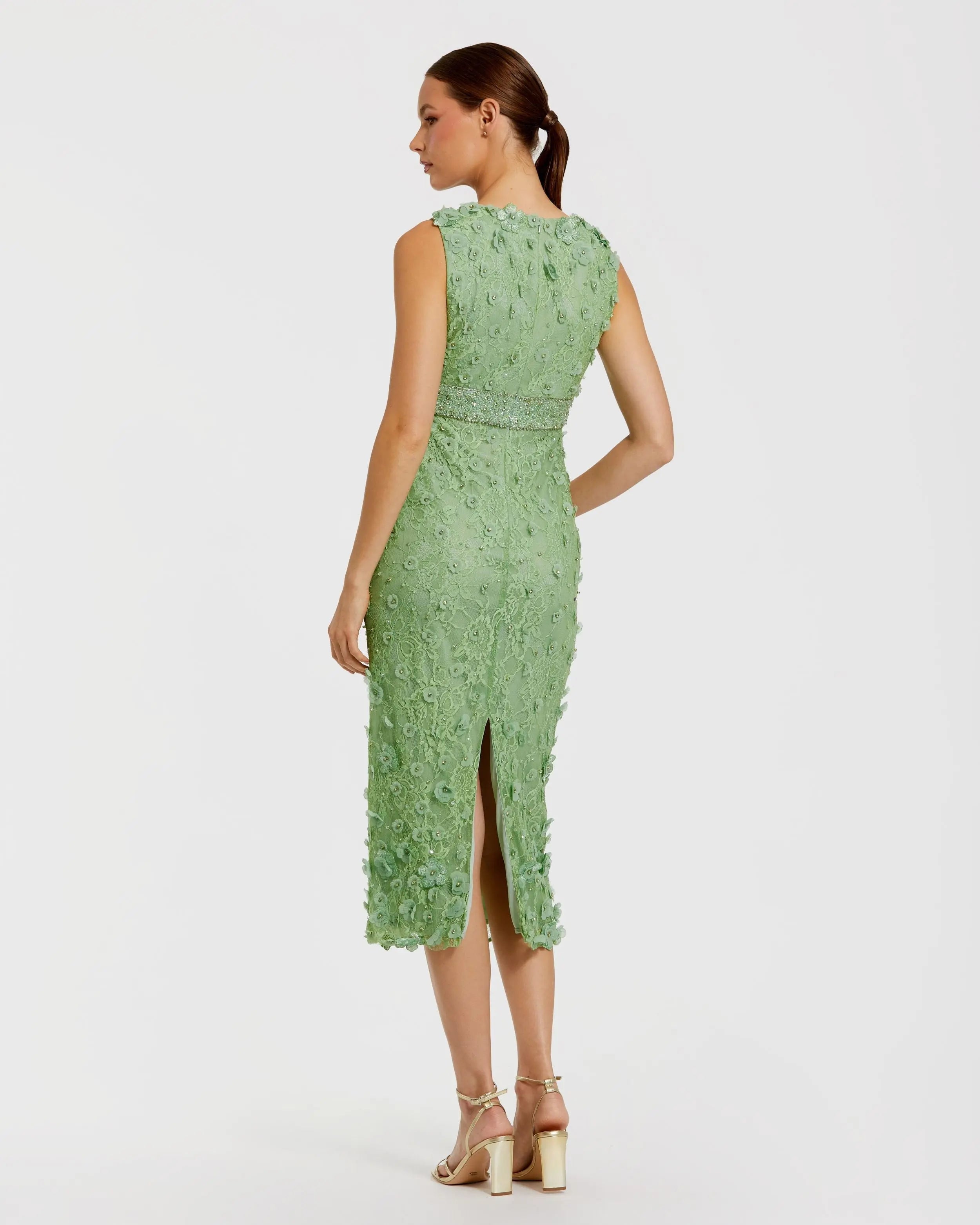 Green Floral Applique Sleeveless Midi Dress Mac Duggal
