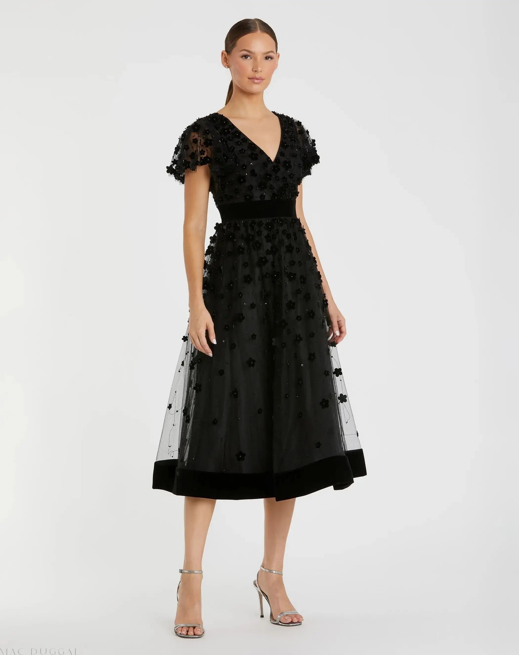 mac duggal embroidered flutter sleeve midi dress Blue Embroidered Flutter Sleeve Midi Dress
