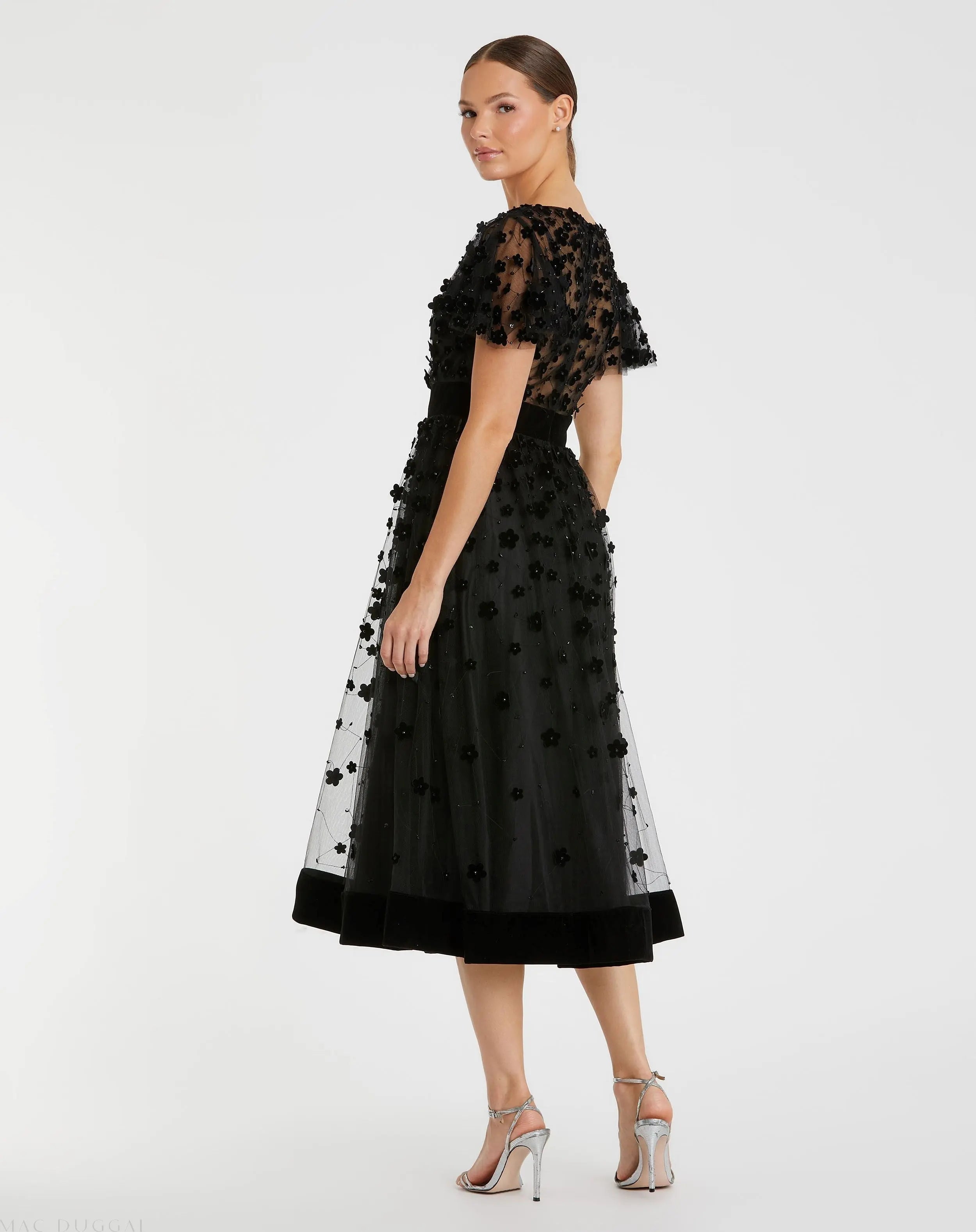 Black Embellished Butterfly Sleeve Velvet Hem Midi Dress - Mac Duggal