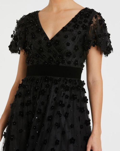 Black Embellished Butterfly Sleeve Velvet Hem Midi Dress