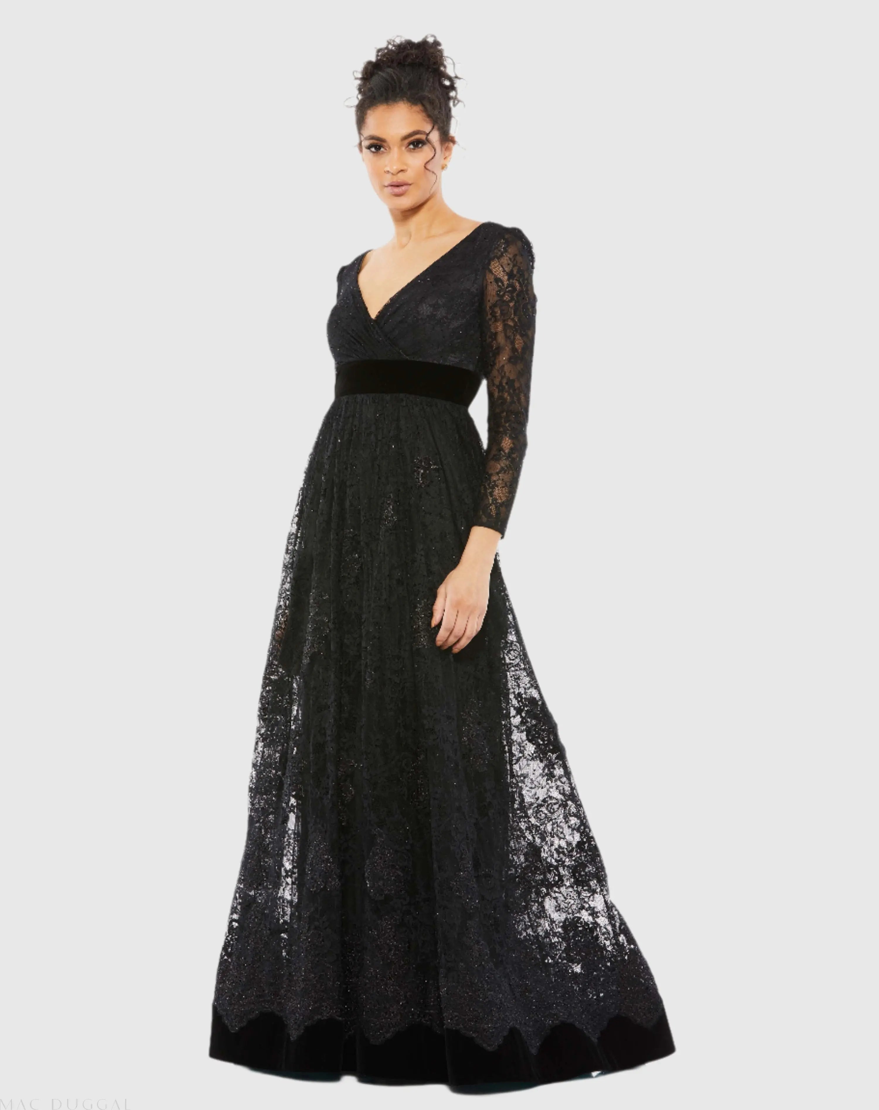 Lace Long Sleeve Wrap Over Dress - Mac Duggal