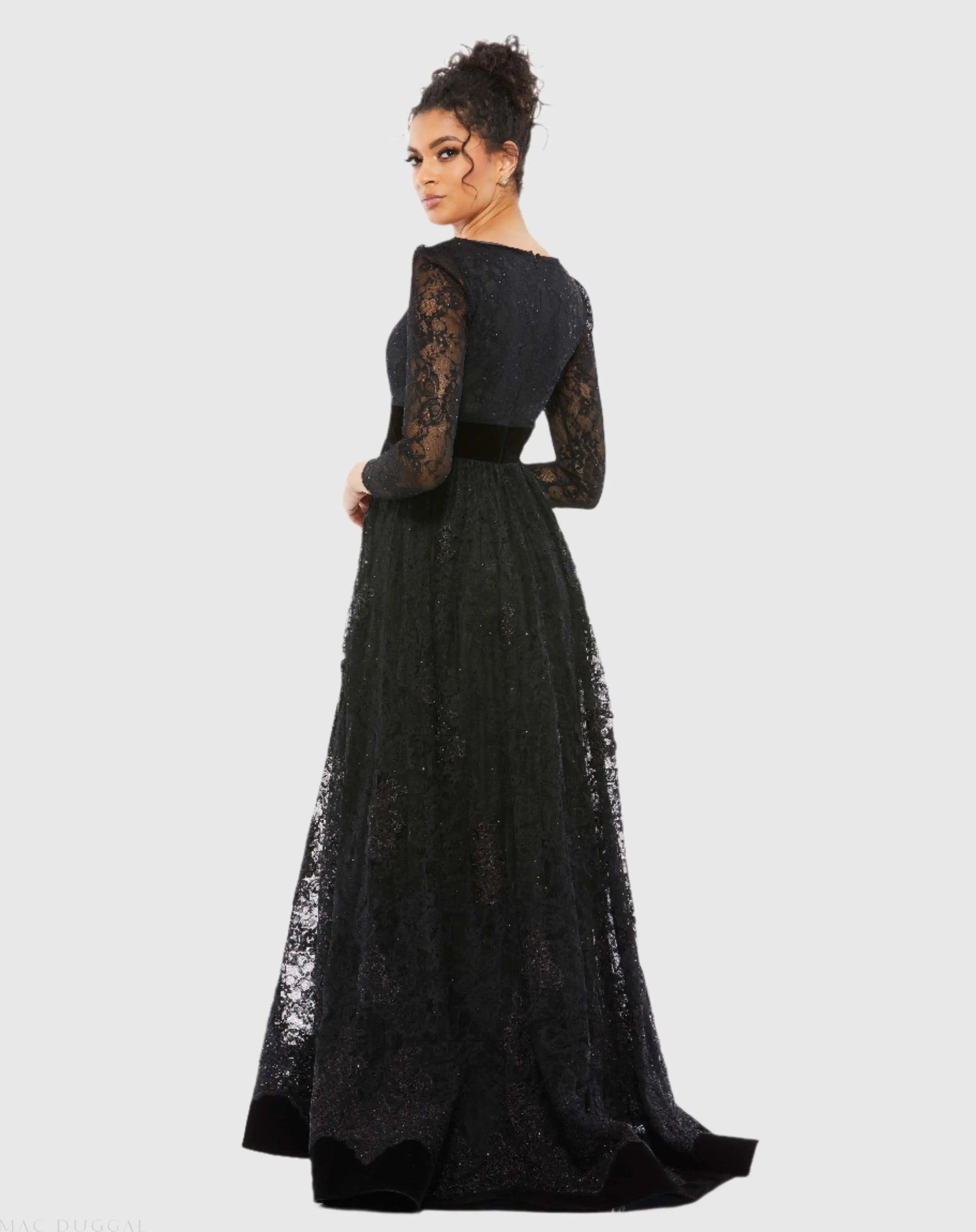 Black Lace Long Sleeve V-Neck Wrap Over Gown | Mac Duggal Black Lace Long Sleeve V-Neck Wrap Over Gown | Mac Duggal
