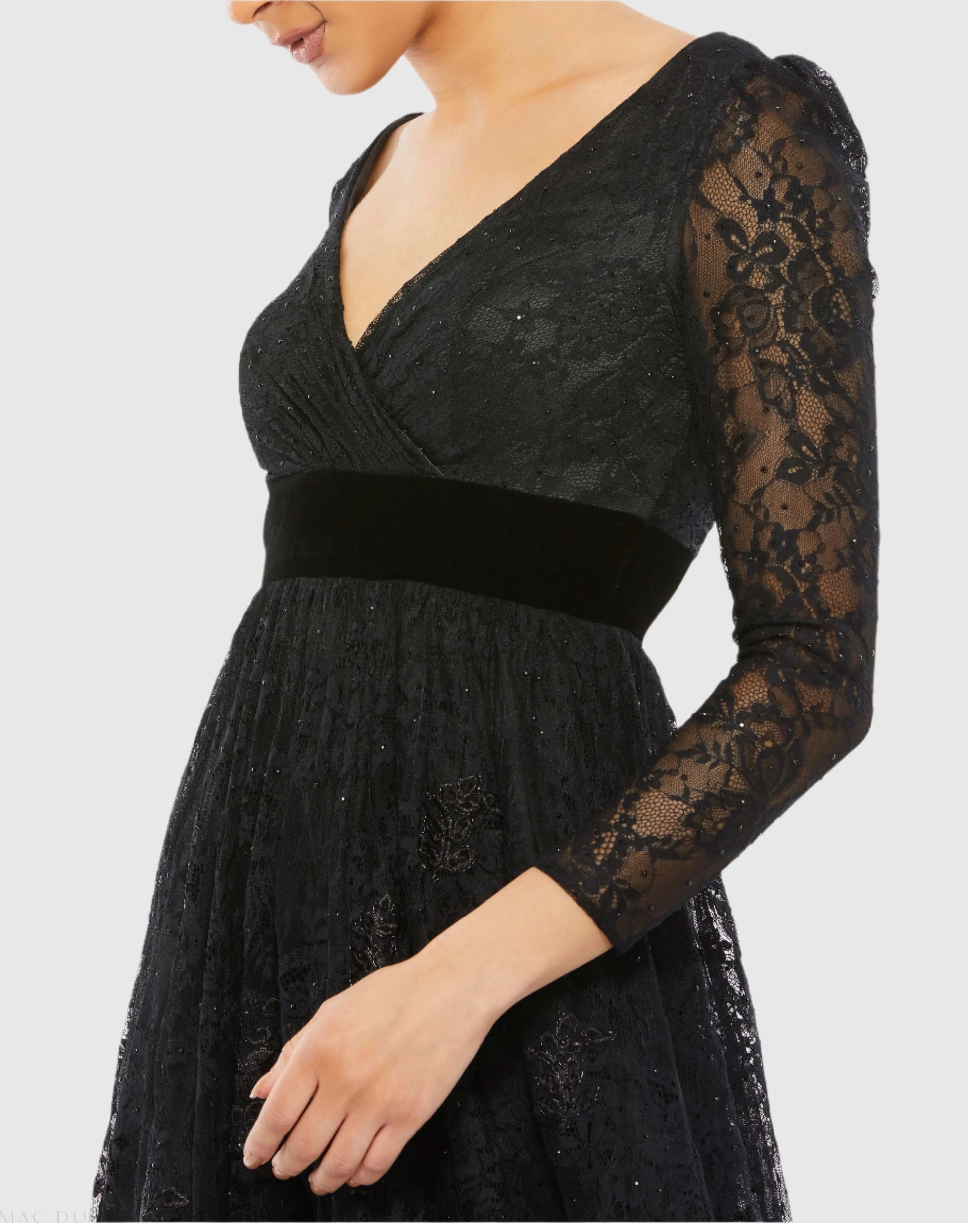 Lace Long Sleeve Wrap Over Dress - Mac Duggal Black / US 8 Lace Long Sleeve Wrap Over Dress - Mac Duggal Black / US 8