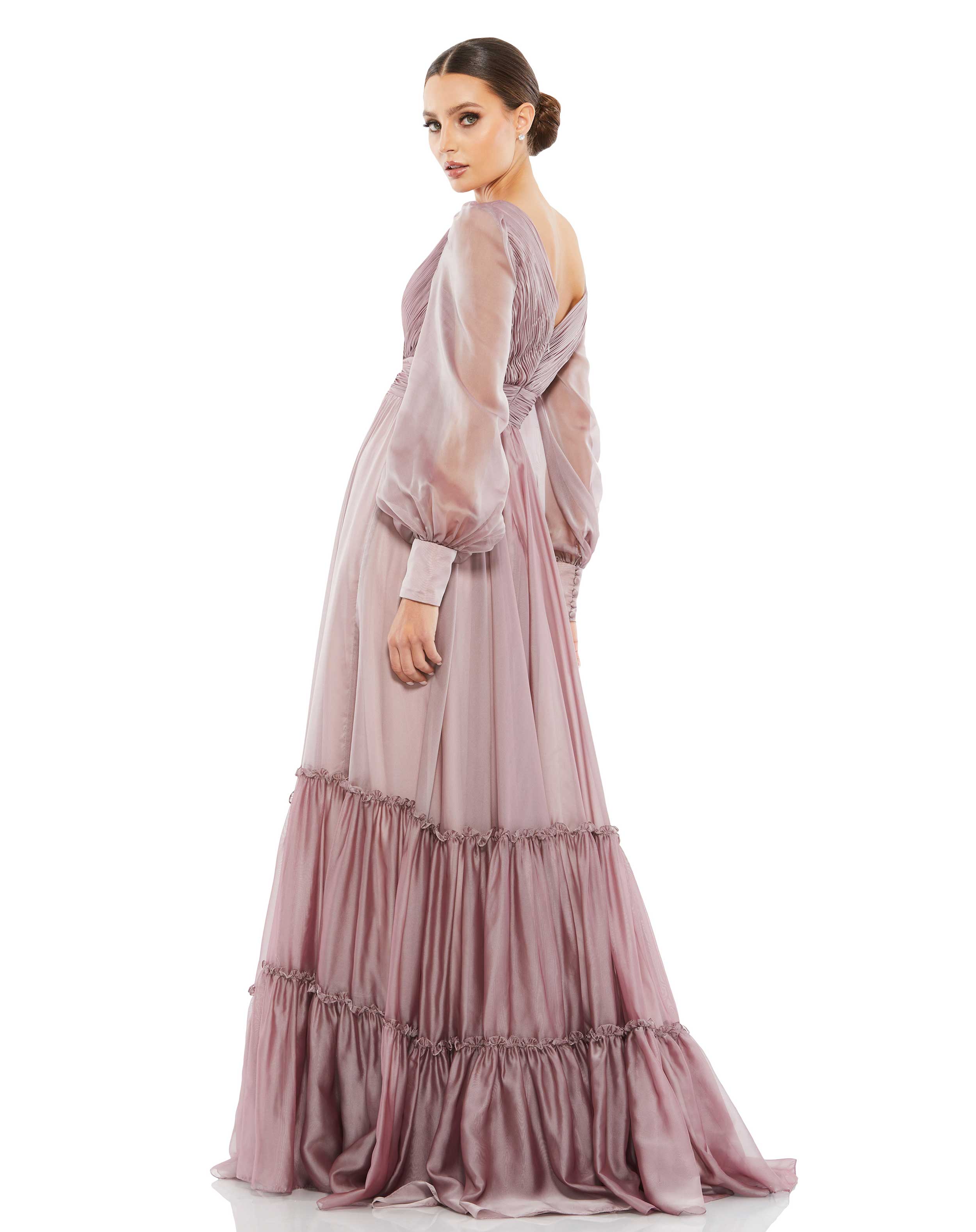 Faux Wrap Illusion Bishop Sleeve Tiered Gown