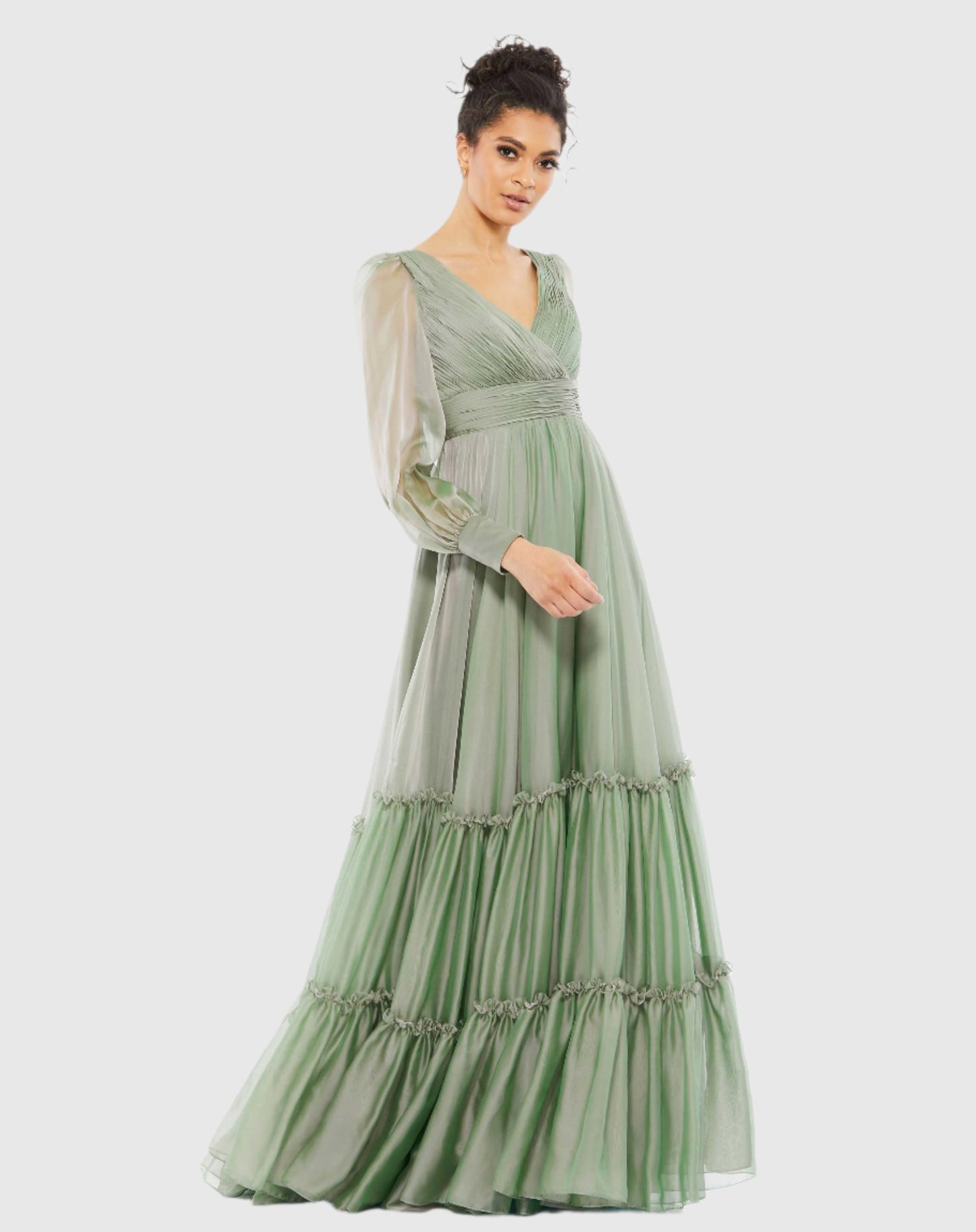 Faux Wrap Illusion Bishop Sleeve Tiered Gown