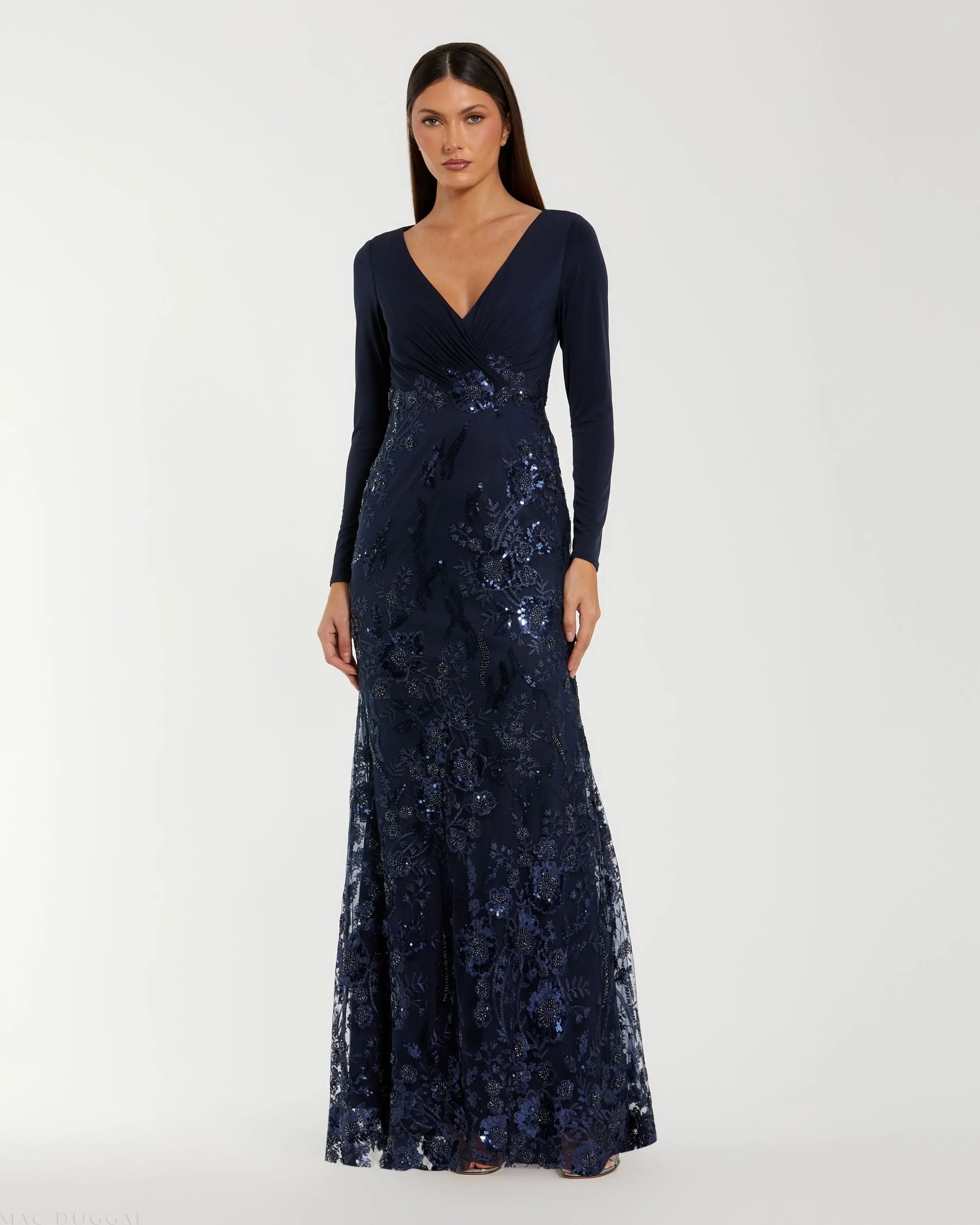 Navy Embellished Long Sleeve Wrap Over Trumpet Gown Mac Duggal