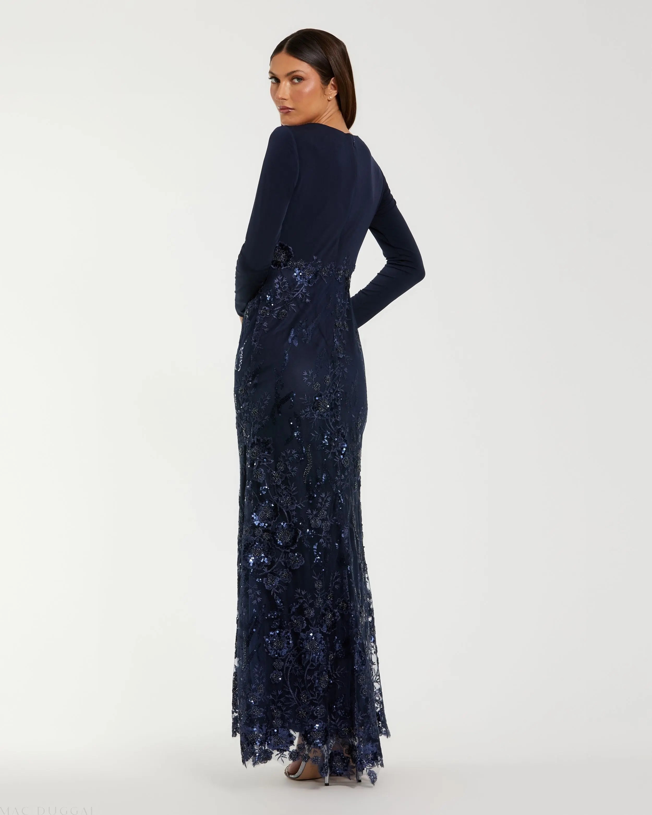 Navy Embellished Long Sleeve Wrap Over Trumpet Gown Mac Duggal