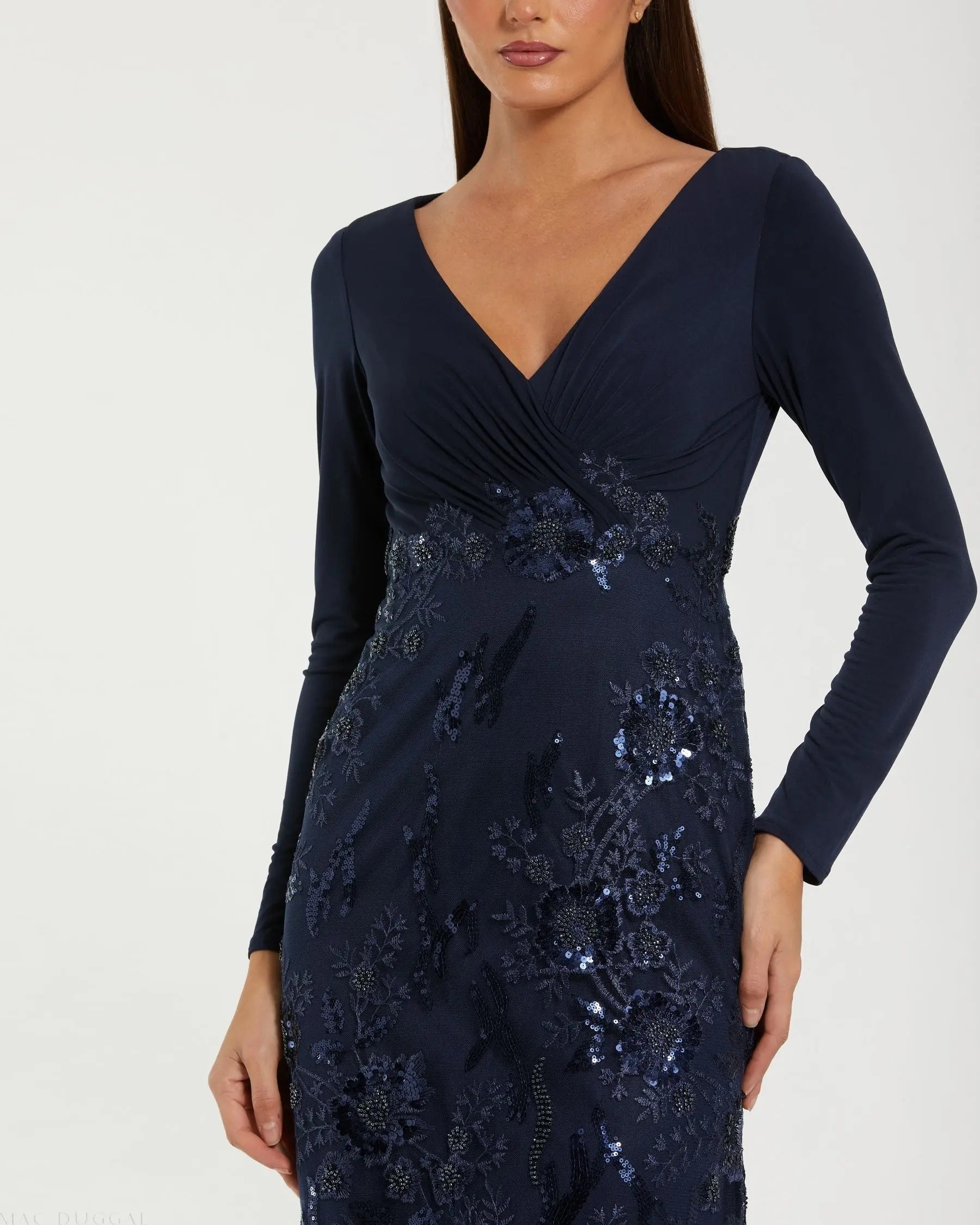 Navy Embellished Long Sleeve Wrap Over Trumpet Gown Mac Duggal