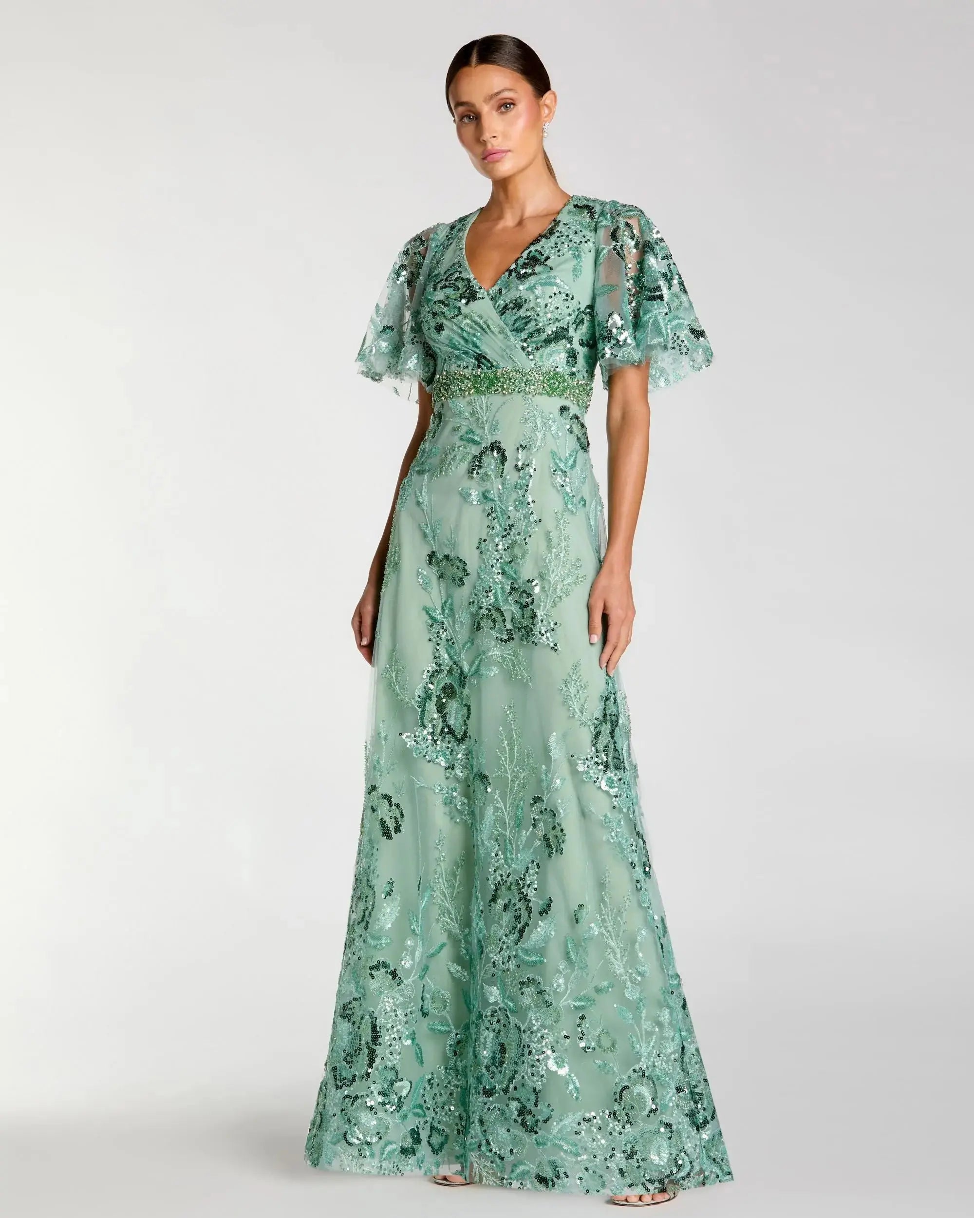 Green Flutter Sleeve Floral Embroidered Net Gown | Mac Duggal Green Flutter Sleeve Floral Embroidered Net Gown | Mac Duggal