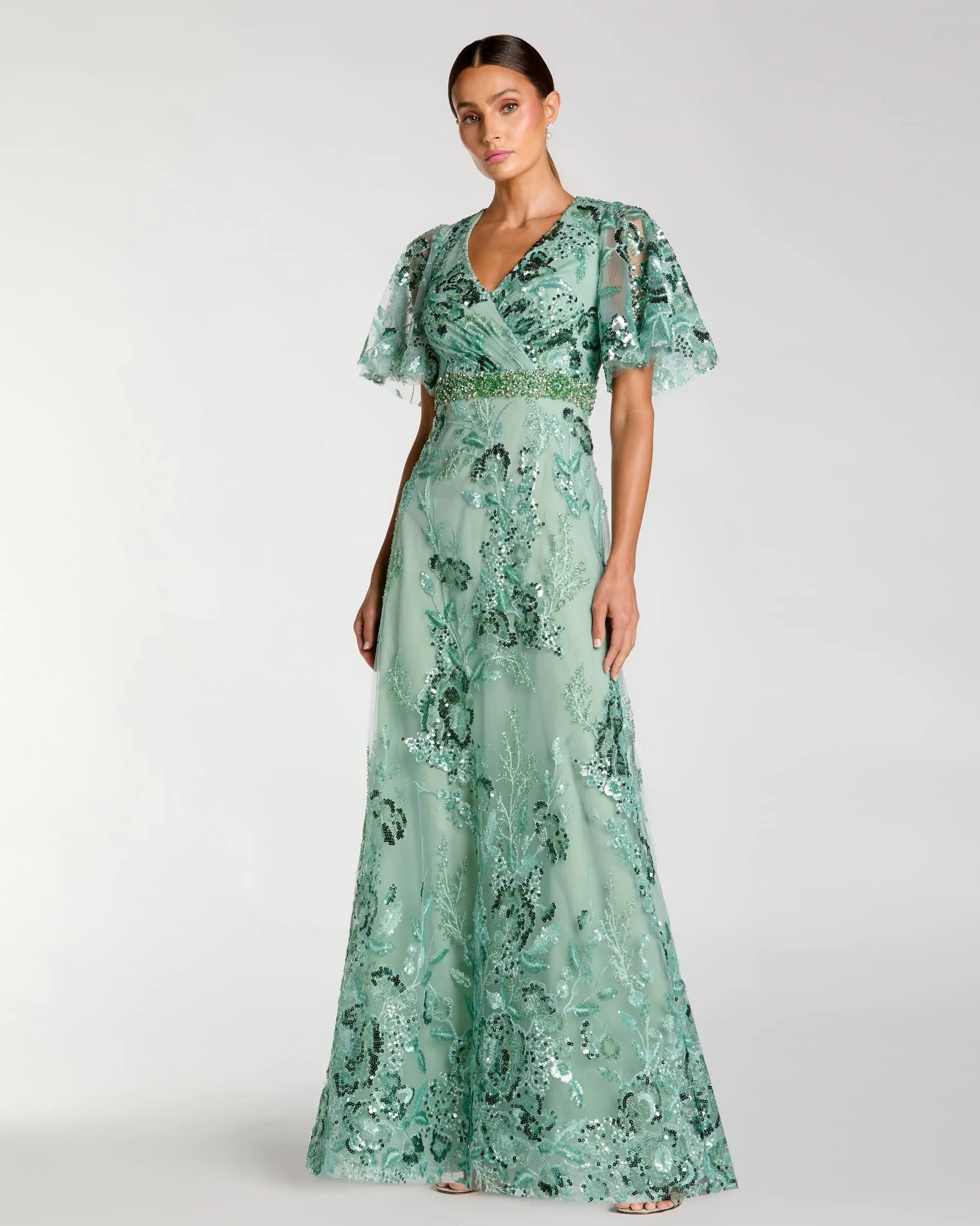 Green Floral Embellished Short Sleeve Gown Mac Duggal