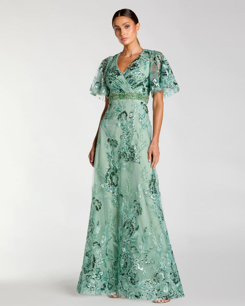 Green Floral Embellished Short Sleeve Gown Mac Duggal