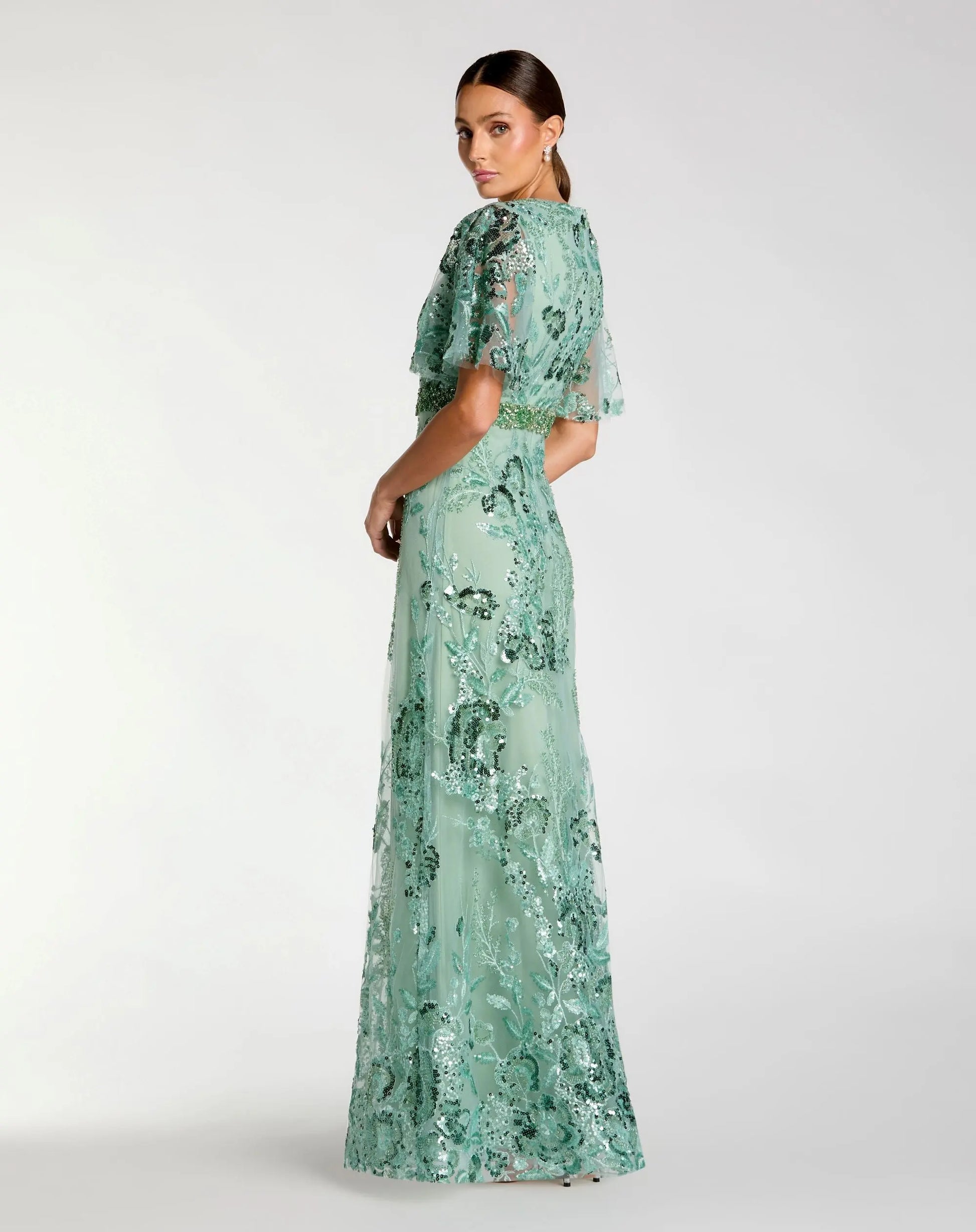 Green Floral Embellished Short Sleeve Gown | Mac Duggal Green Floral Embellished Short Sleeve Gown | Mac Duggal