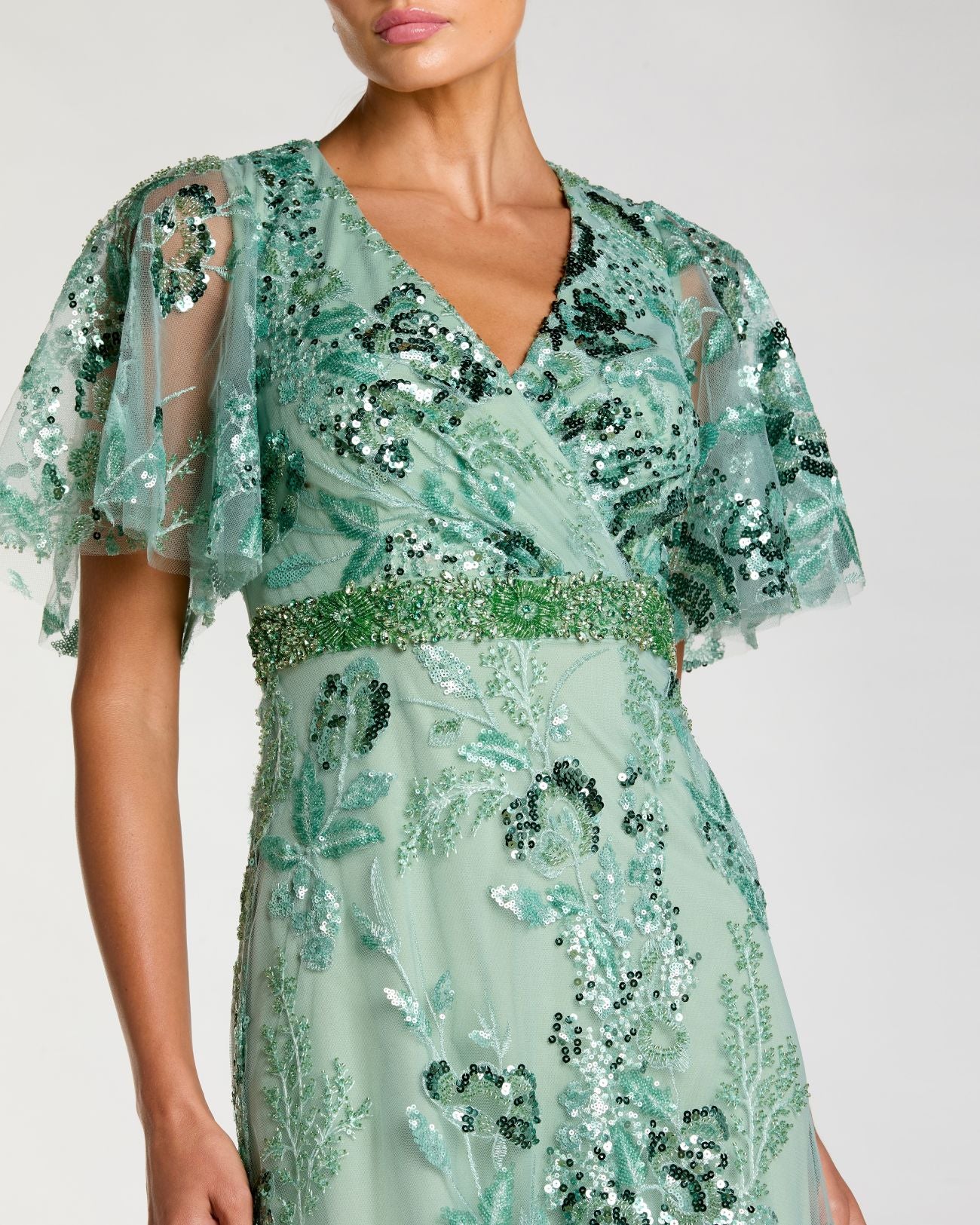 Green Floral Embellished Short Sleeve Gown Mac Duggal