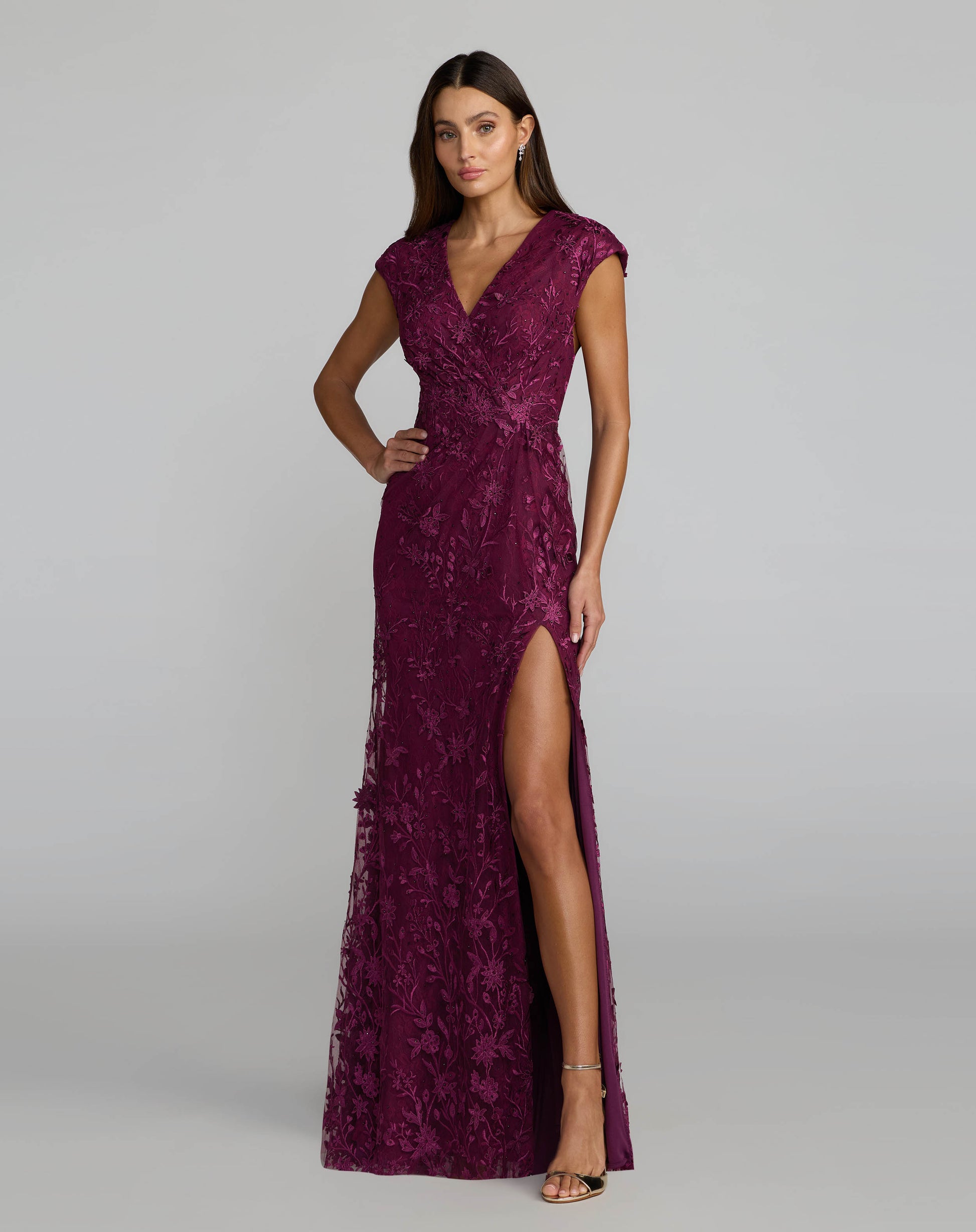 Purple Faux Wrap Embroidered Cap Sleeve Gown Mac Duggal