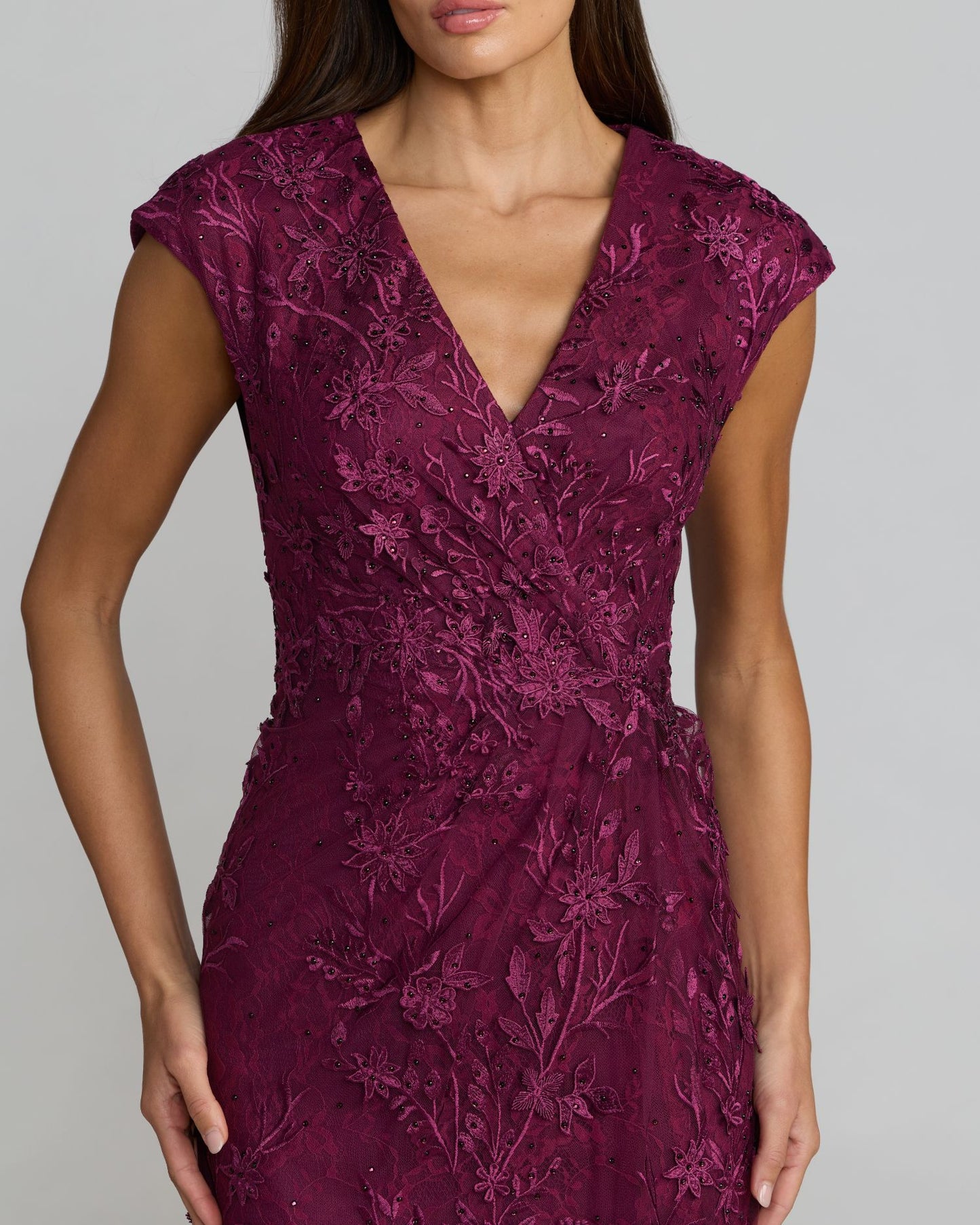 Purple Faux Wrap Embroidered Cap Sleeve Gown Mac Duggal