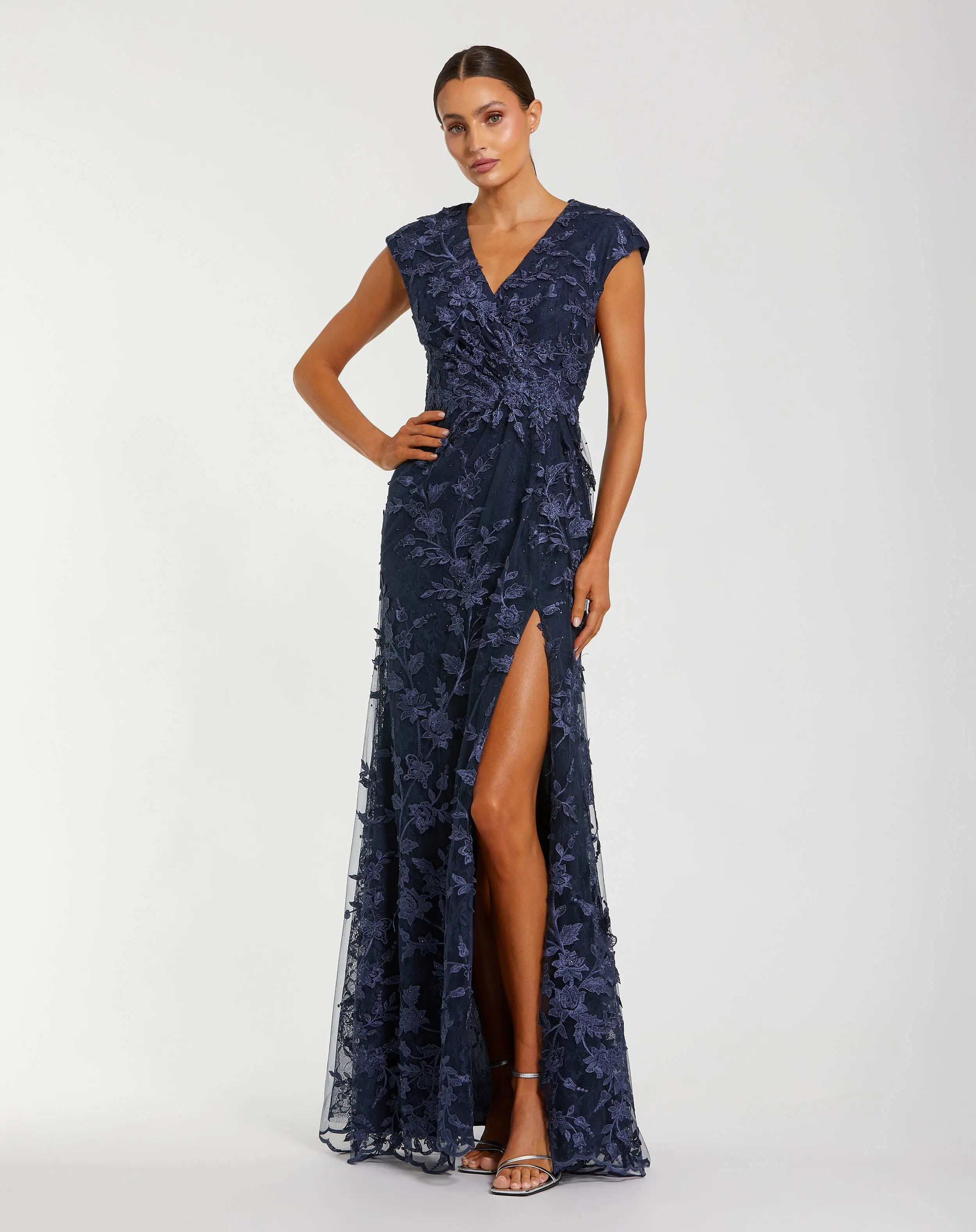 - Faux Wrap Embroidered Cap Sleeve Gown