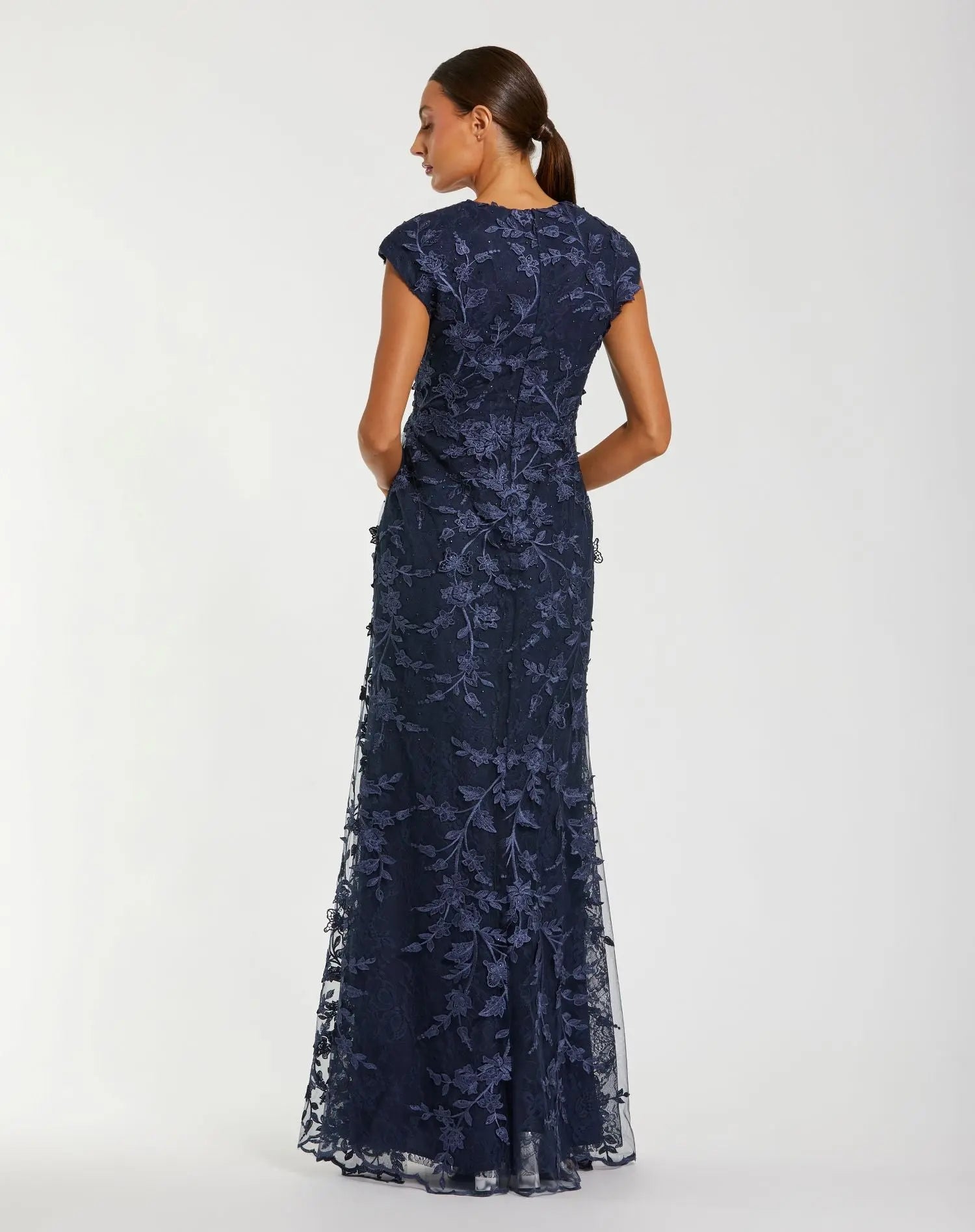 Navy Faux Wrap Embroidered Cap Sleeve Gown - Mac Duggal