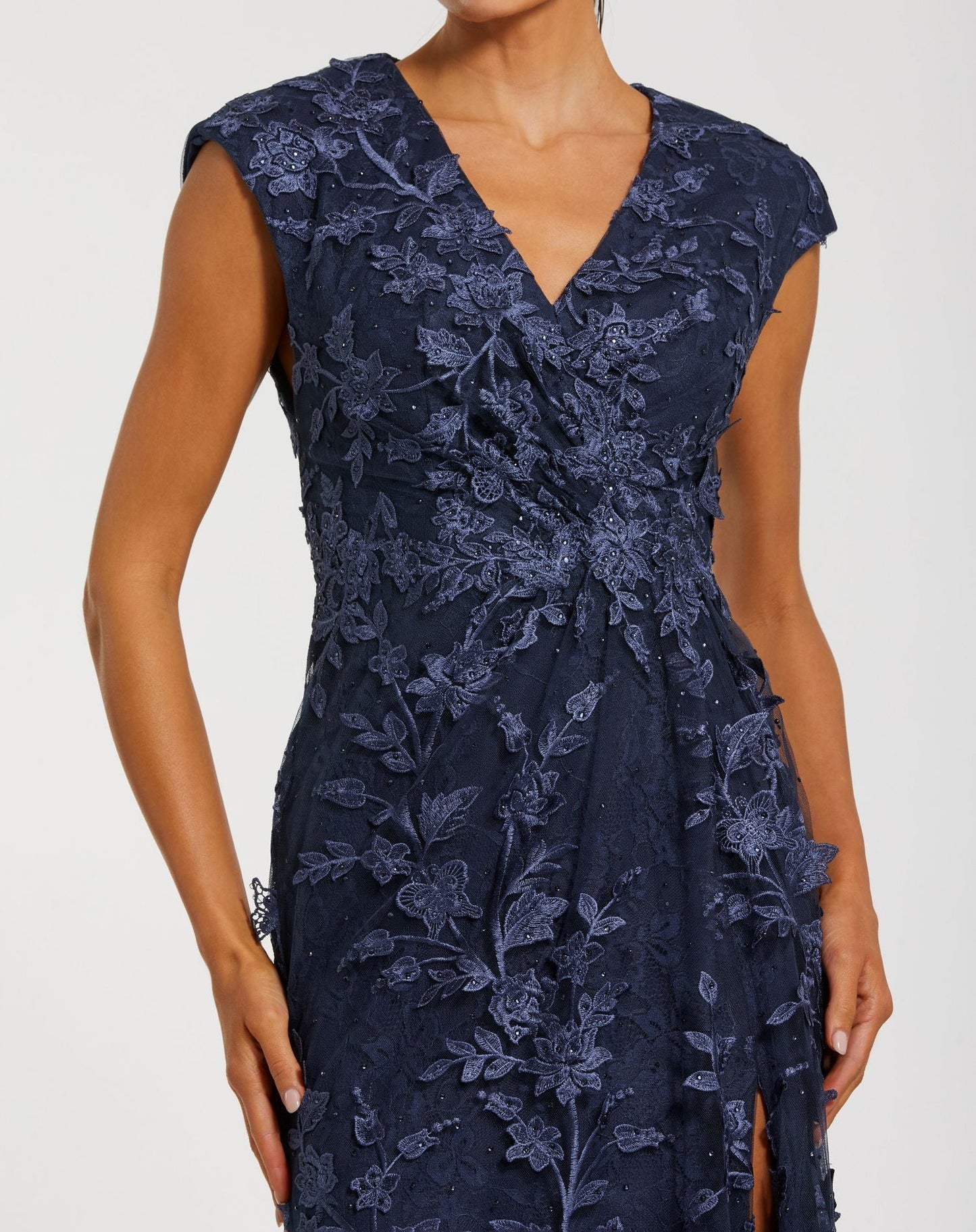 Navy Faux Wrap Embroidered Applique Cap Sleeve Gown - Mac Duggal