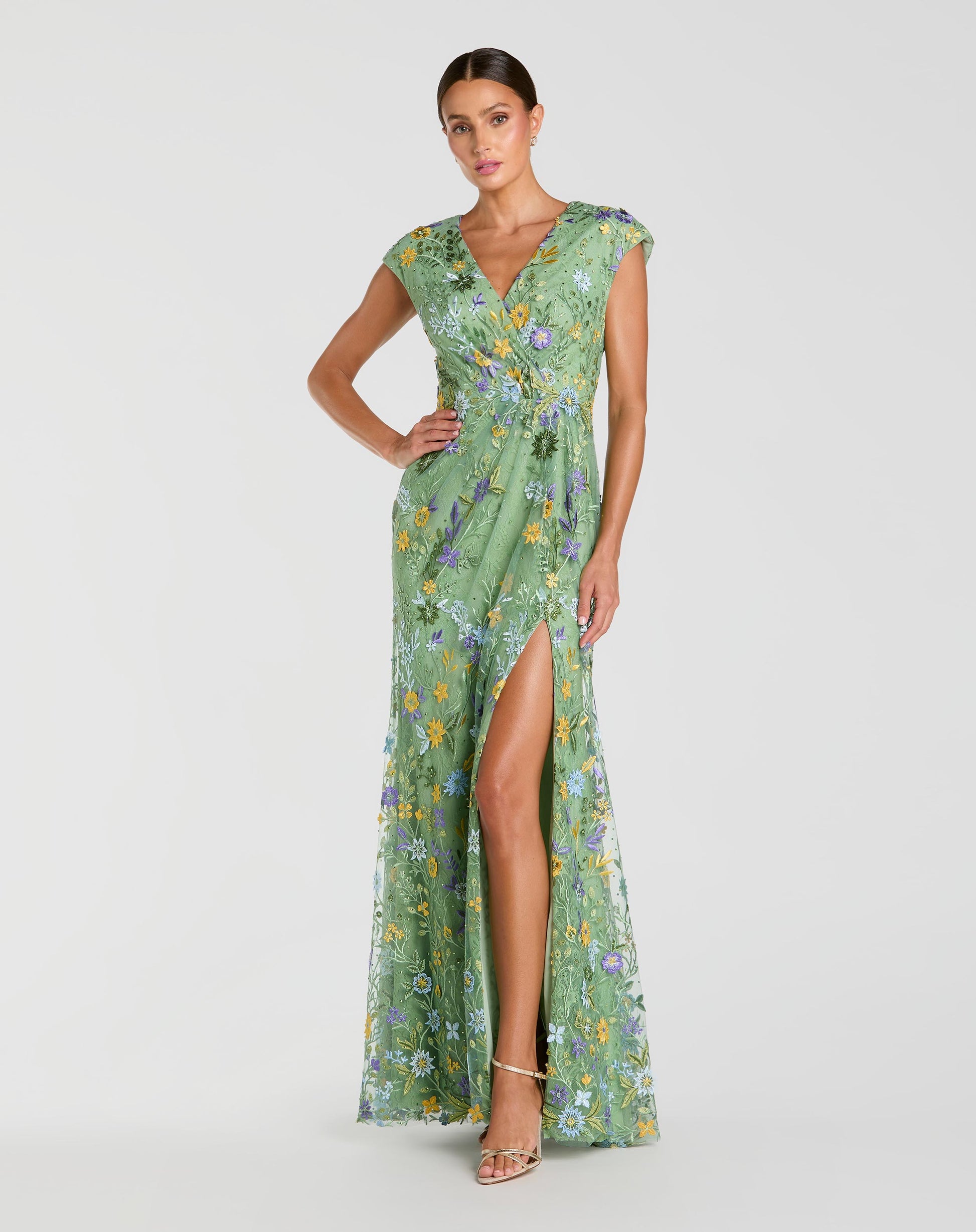 Green Faux Wrap Embroidered Cap Sleeve Gown | Mac Duggal Green Faux Wrap Embroidered Cap Sleeve Gown | Mac Duggal