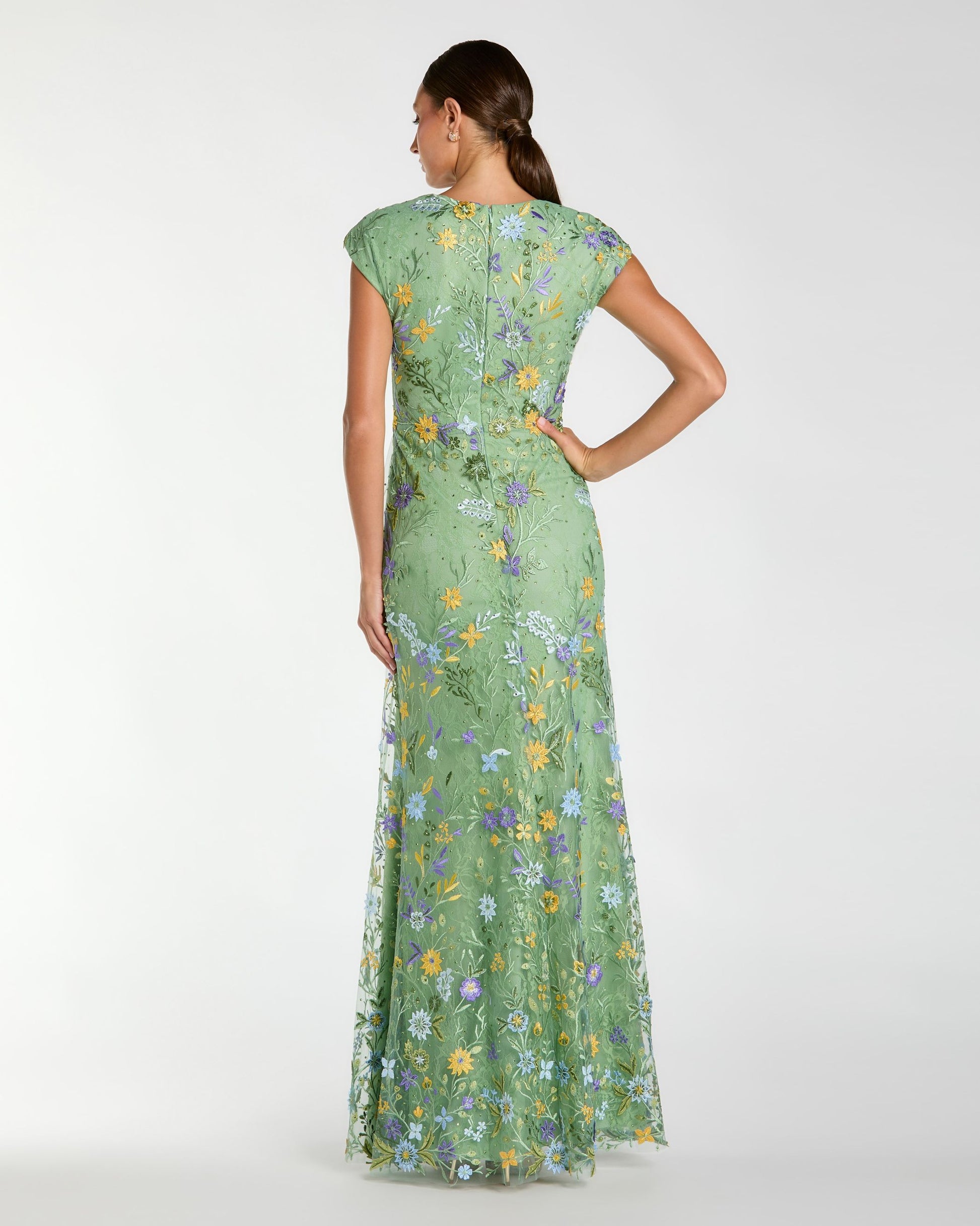 Green Faux Wrap Embroidered Cap Sleeve Gown Mac Duggal